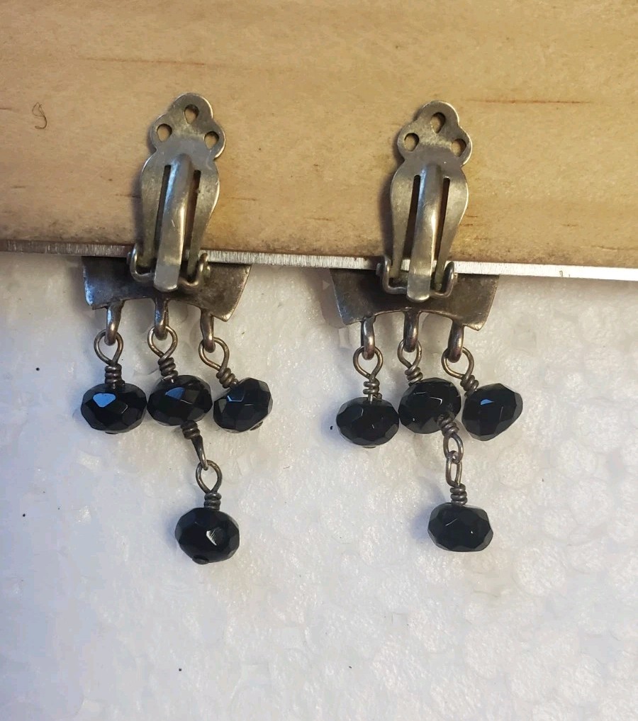 Vintage Barse Sterling Silver Earrings Onyx Stones Drop Dangle clip on 925