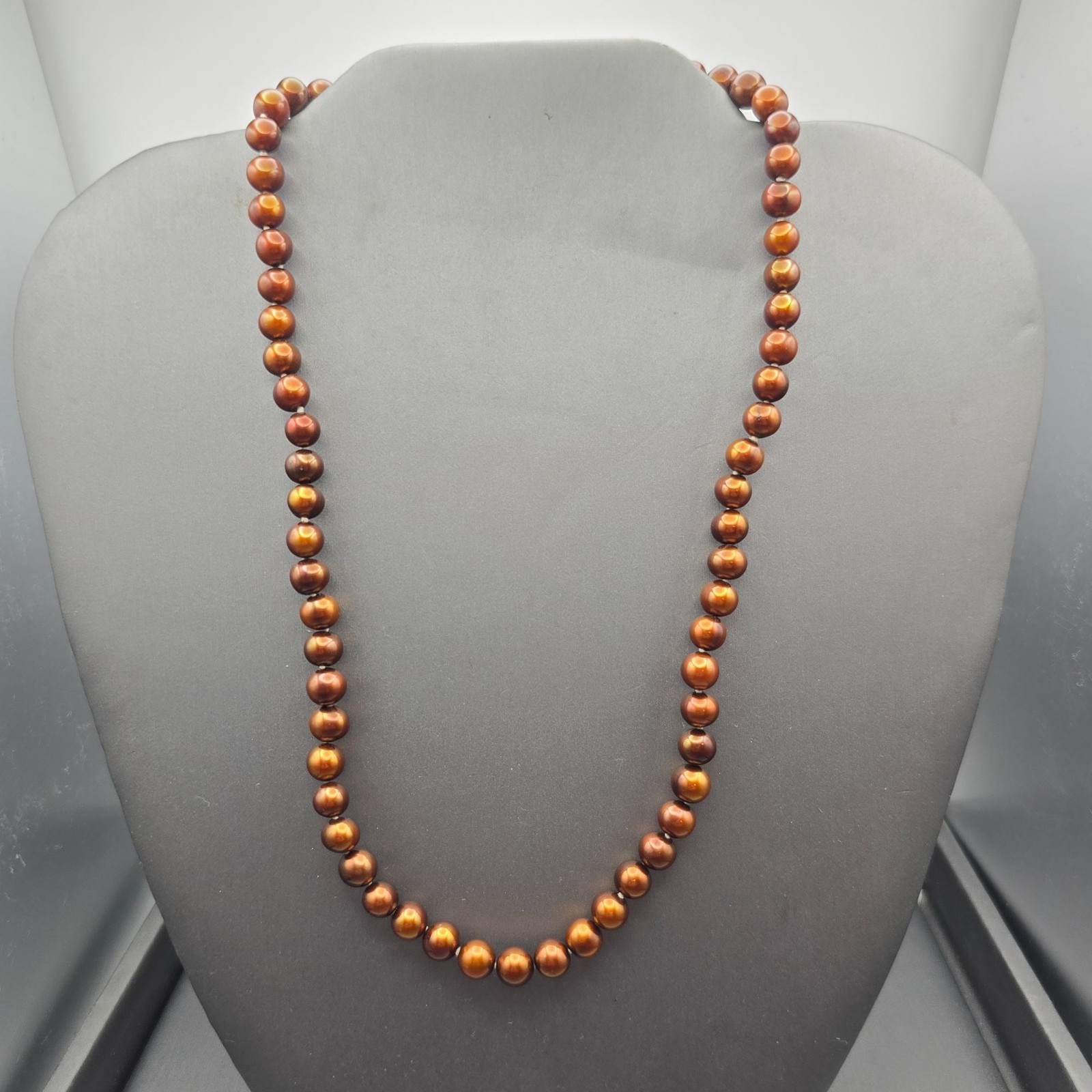 Vintage Bronze Cultured Pearl Necklace 10K Yellow Gold Clasp Hand Knotted 16″
