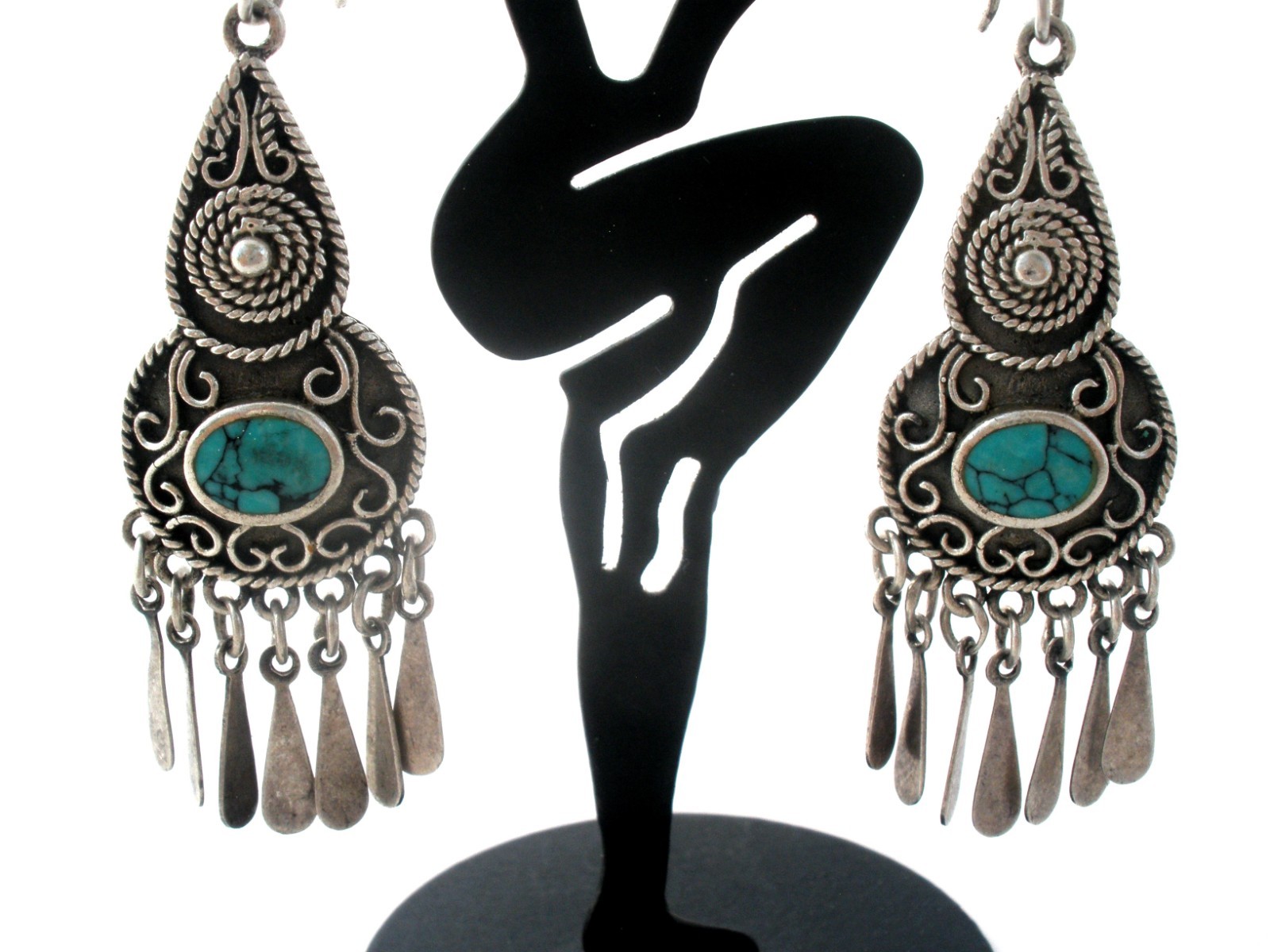Turquoise Sterling Silver Earrings Pierced Dangle Vintage Southwestern Signed CW