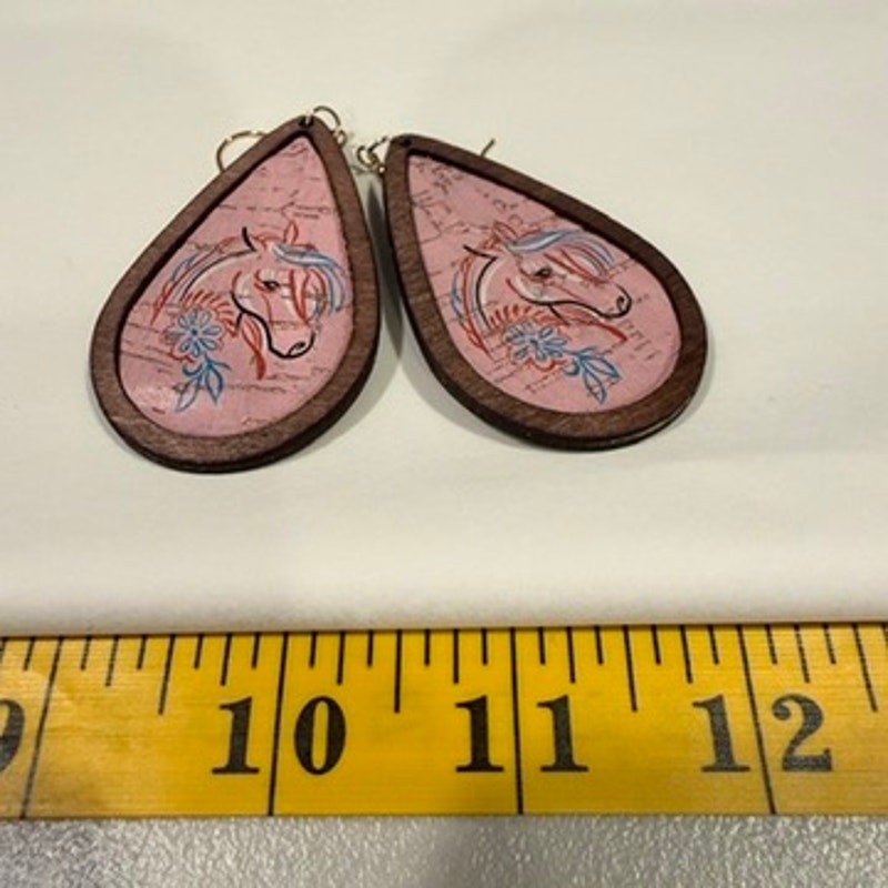 Horse Teardrop Dangle Earrings Pink Wood Boho Western Equestrian Cowgirl Gift