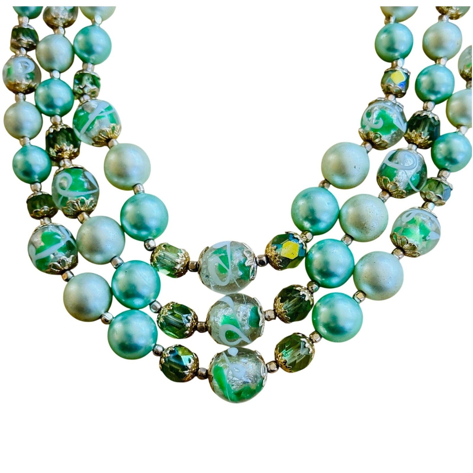 Japan Necklace VTG Pearl Green Glass AB crystal Multi Beads triple strand 18″