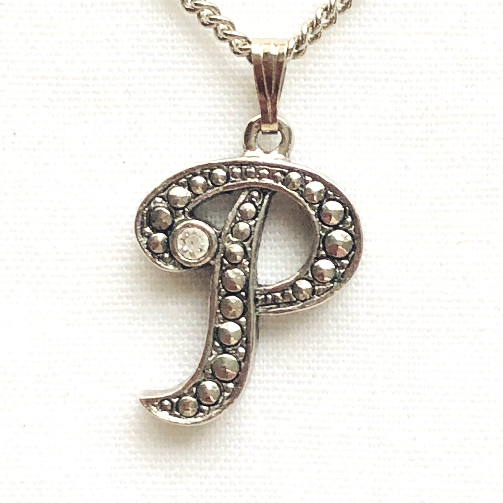 P Initial Monogram Letter Pendant Necklace Marcasite Art Deco Style Jewelry Gift