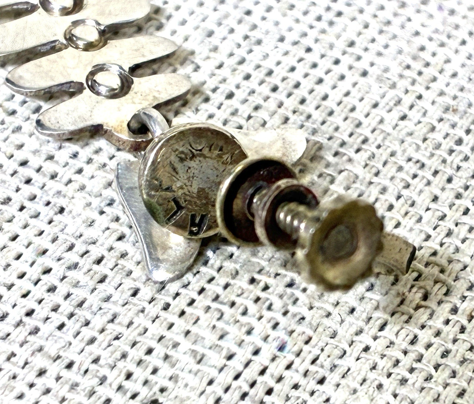 Taxco Silver Fish Dangle Earrings signed IP with Eagle Modernist Screw Back