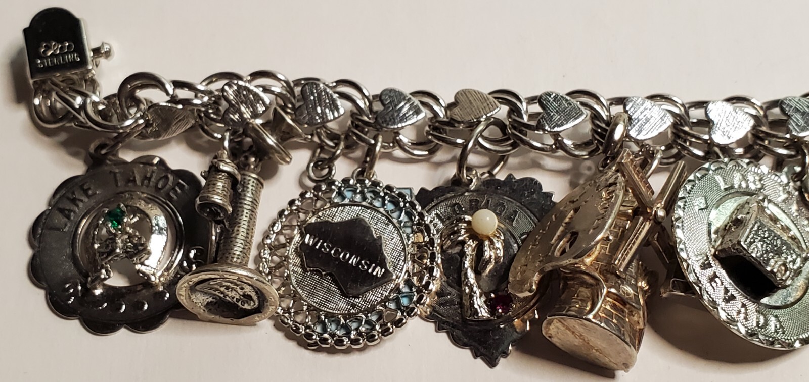 ELCO Sterling Silver 17 Charm Bracelet 64 grams – Bullhorn, Crown, Windmill