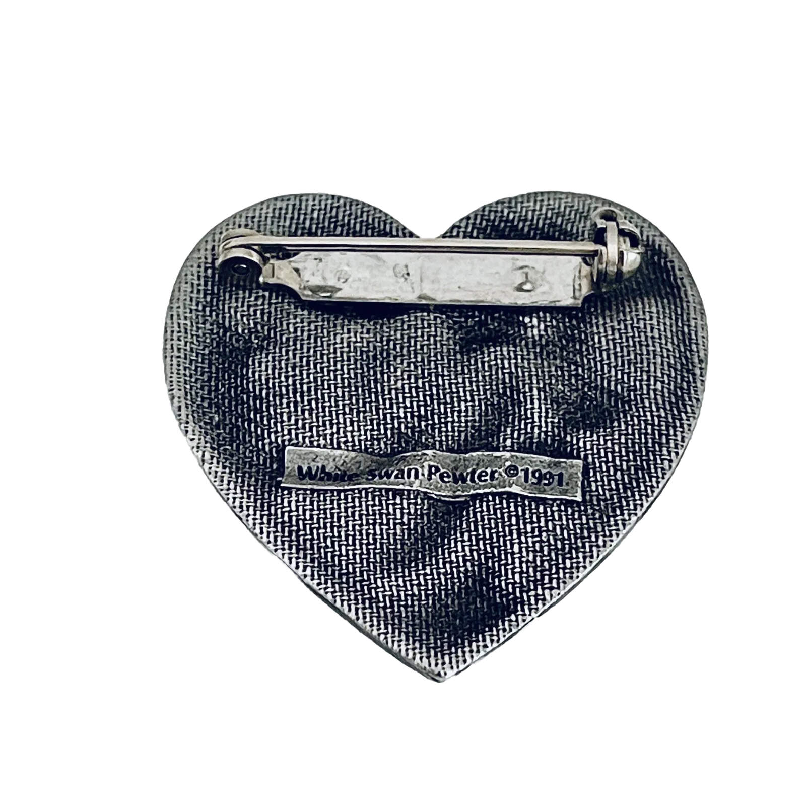 Vintage White Swan Pewter Heart Pin Brooch