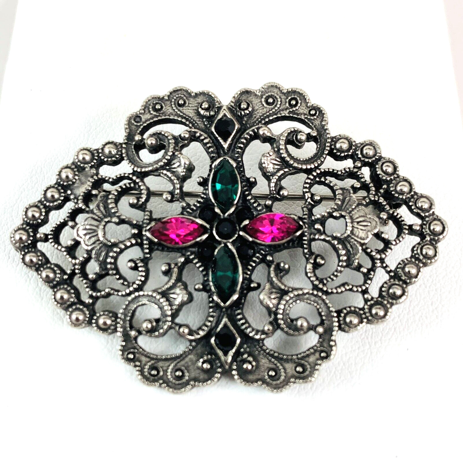 Vintage 1928 Brand Pink and Green Rhinestone Silver Tone Brooch Pin