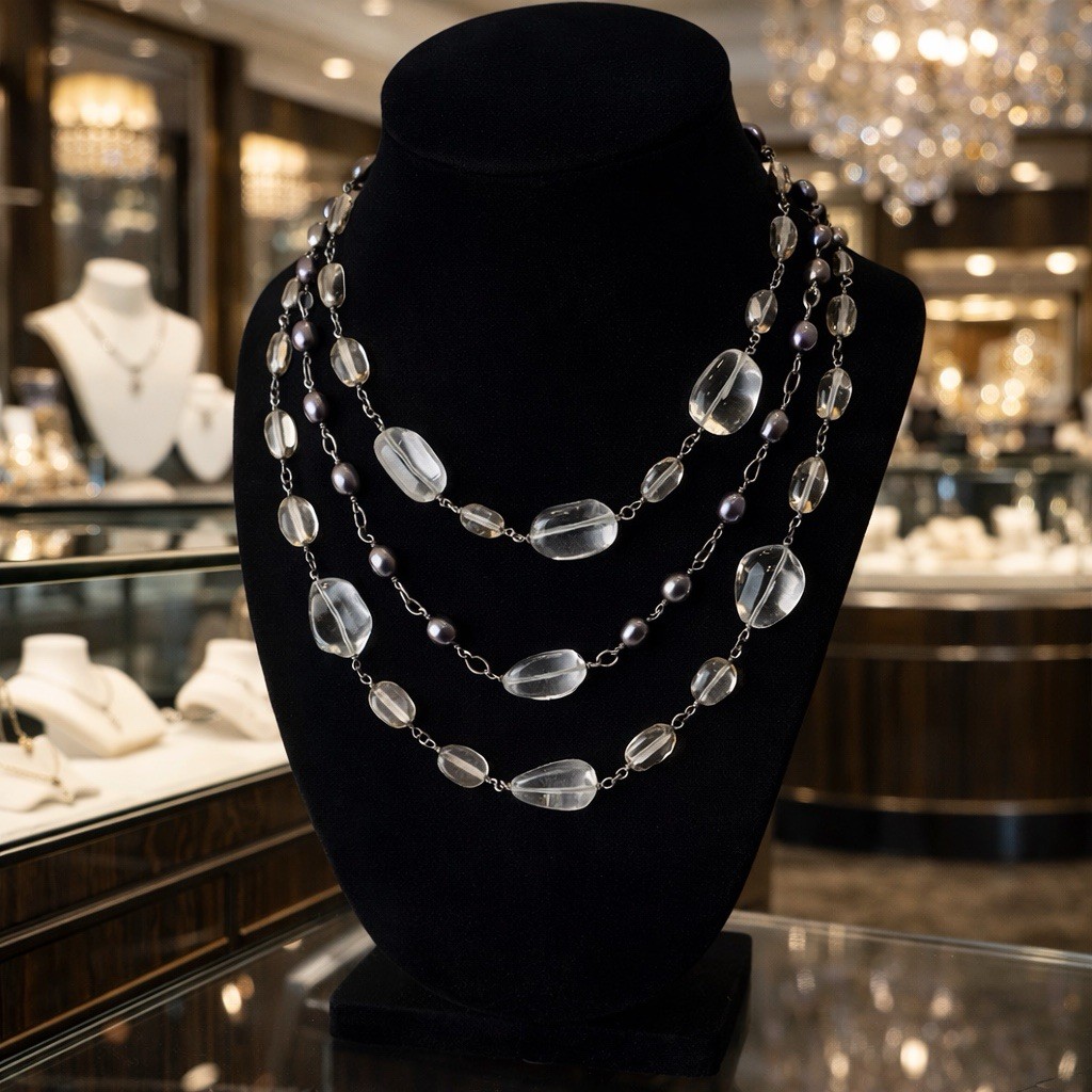 Vtg Rock Crystal & Peacock Pearl 3-Strand Necklace – 15” – Draped -Toggle Clasp