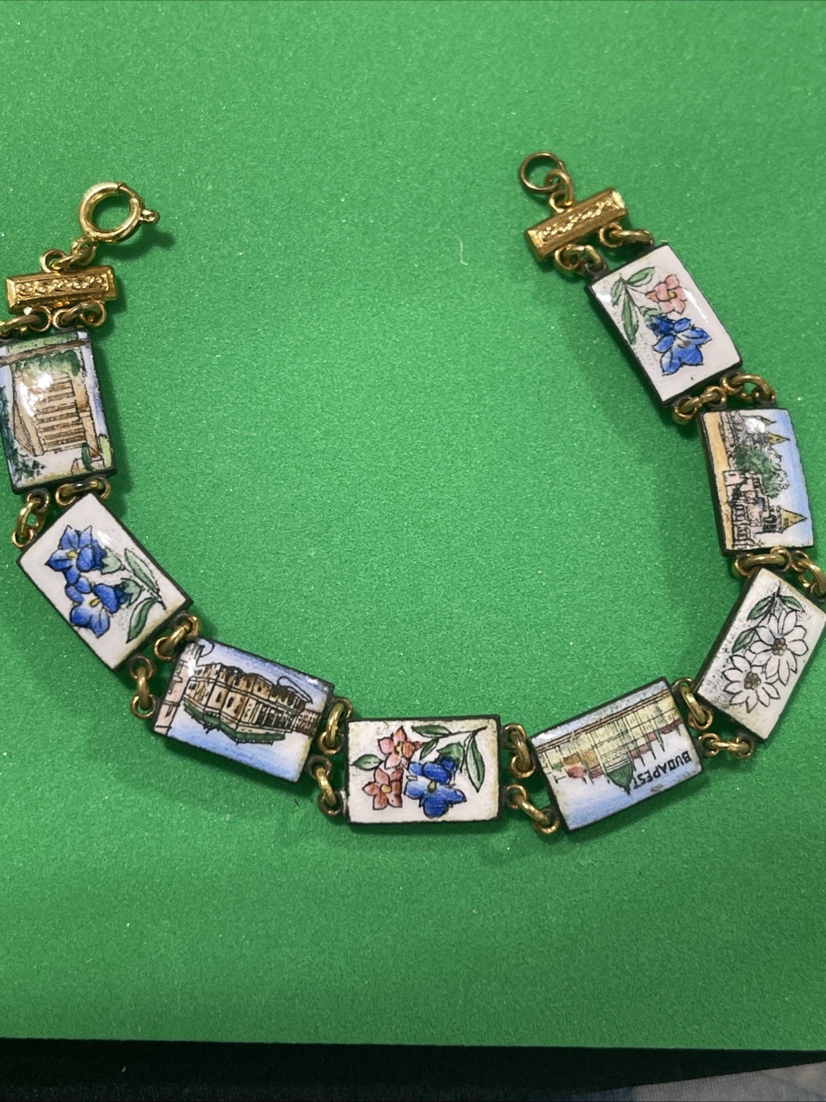 Vintage Enamel Budapest Souvenir Bracelet Showing Buildings & Colorful Flowers