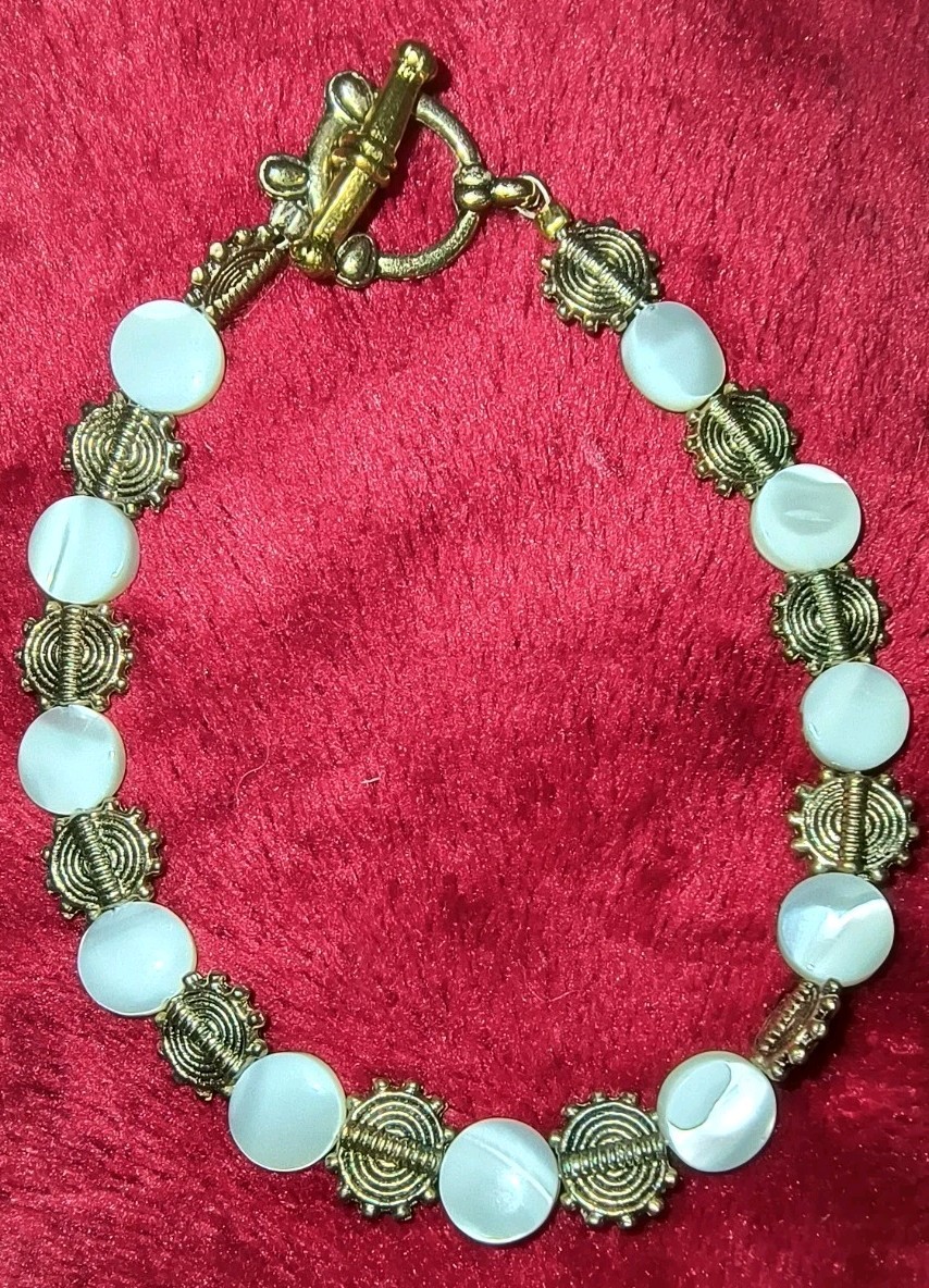 Antique Gold And White Mother Of Pearl Disc Toggle Bracelet