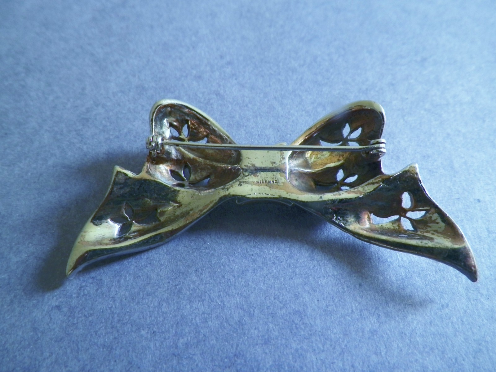 Vintage Sterling Silver Ribbon Bow Pin Brooch w/ Clear Rhinestones 40s