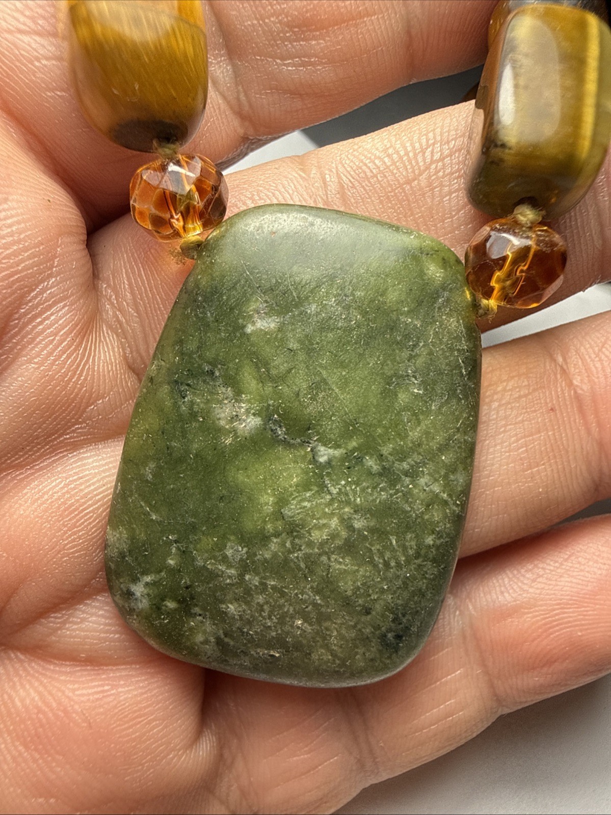 Necklace Big Jade Pendant Big Tigers Eye Beads Faceted Citrine Crystal 17” Old