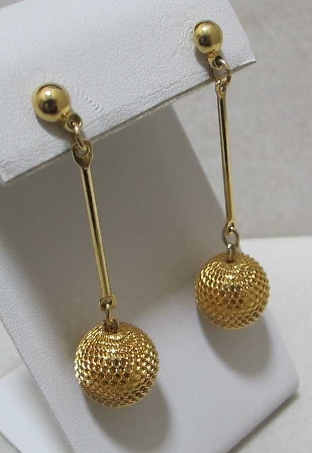 FISHNET Mesh Covered Gold Tone Bead Vertical Bar Dangle Post Earrings 2-3/8”