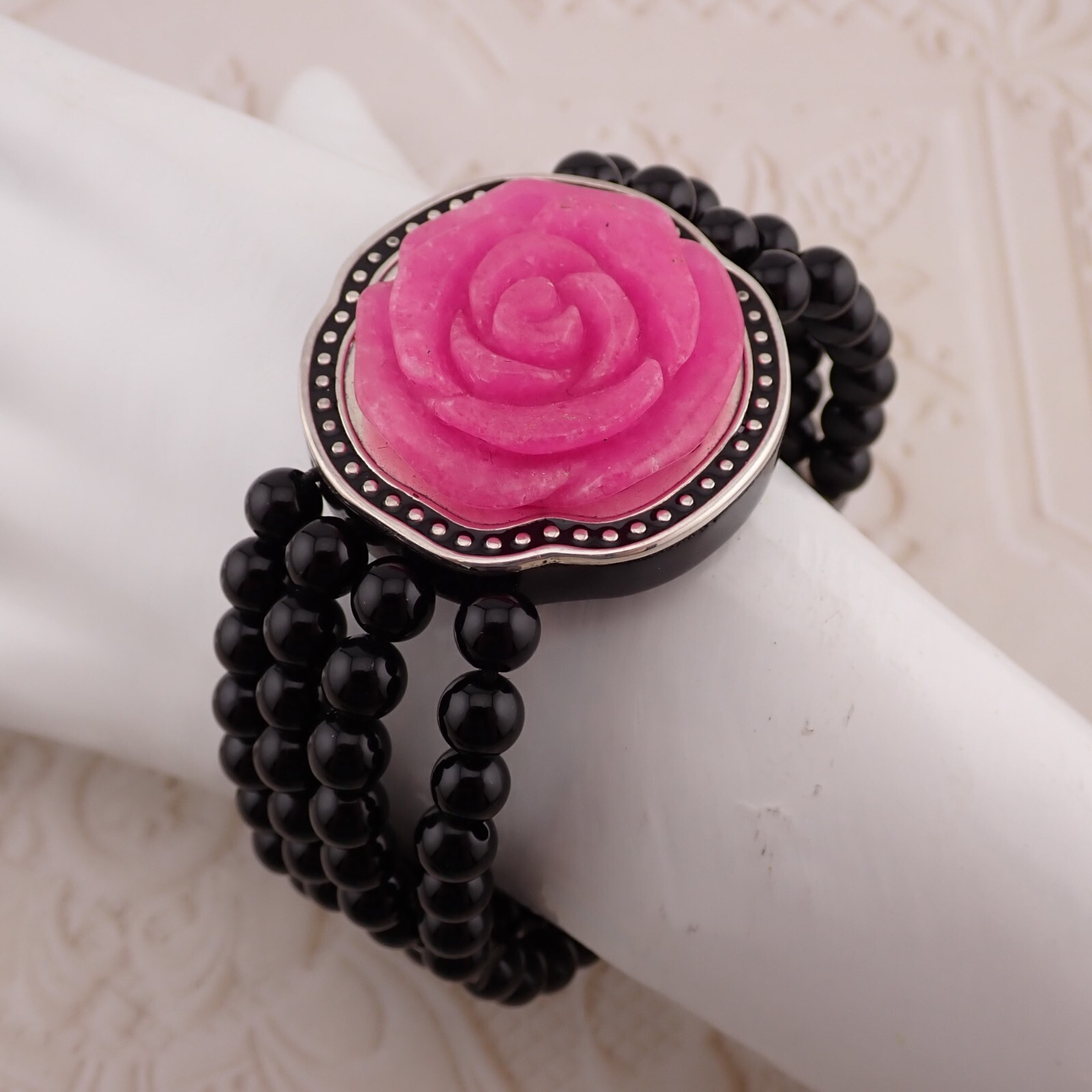 1990’s HSN Black Onyx Quartz Carved Rose 4 in 1 Magnet Interchangable Bracelet