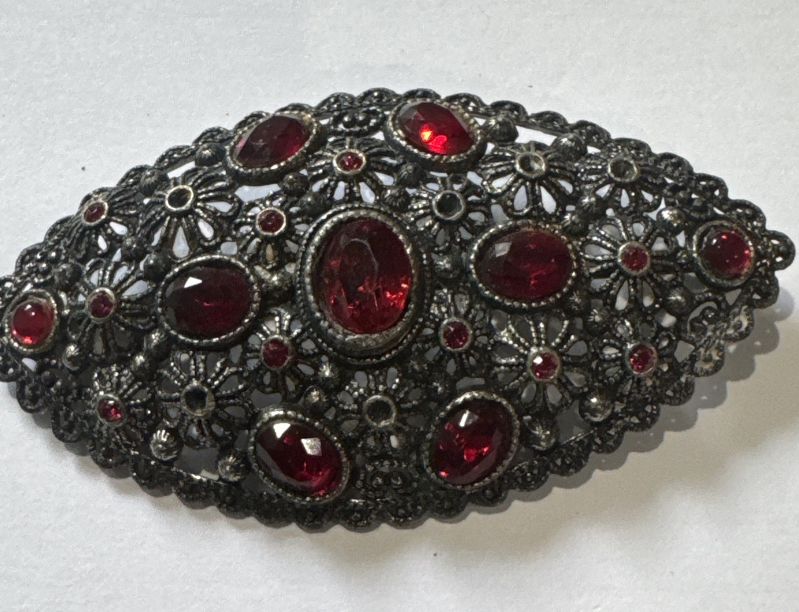 Antique New England NE Glass Works Large Brooch Red Rhinestone Floral Filigree3”