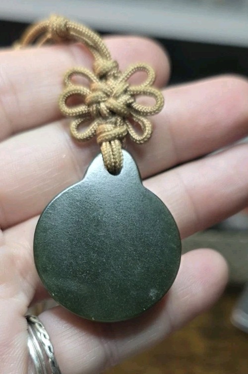Dark Green Jade Pendant With Pointing Hand Design, Brown Knot Cord