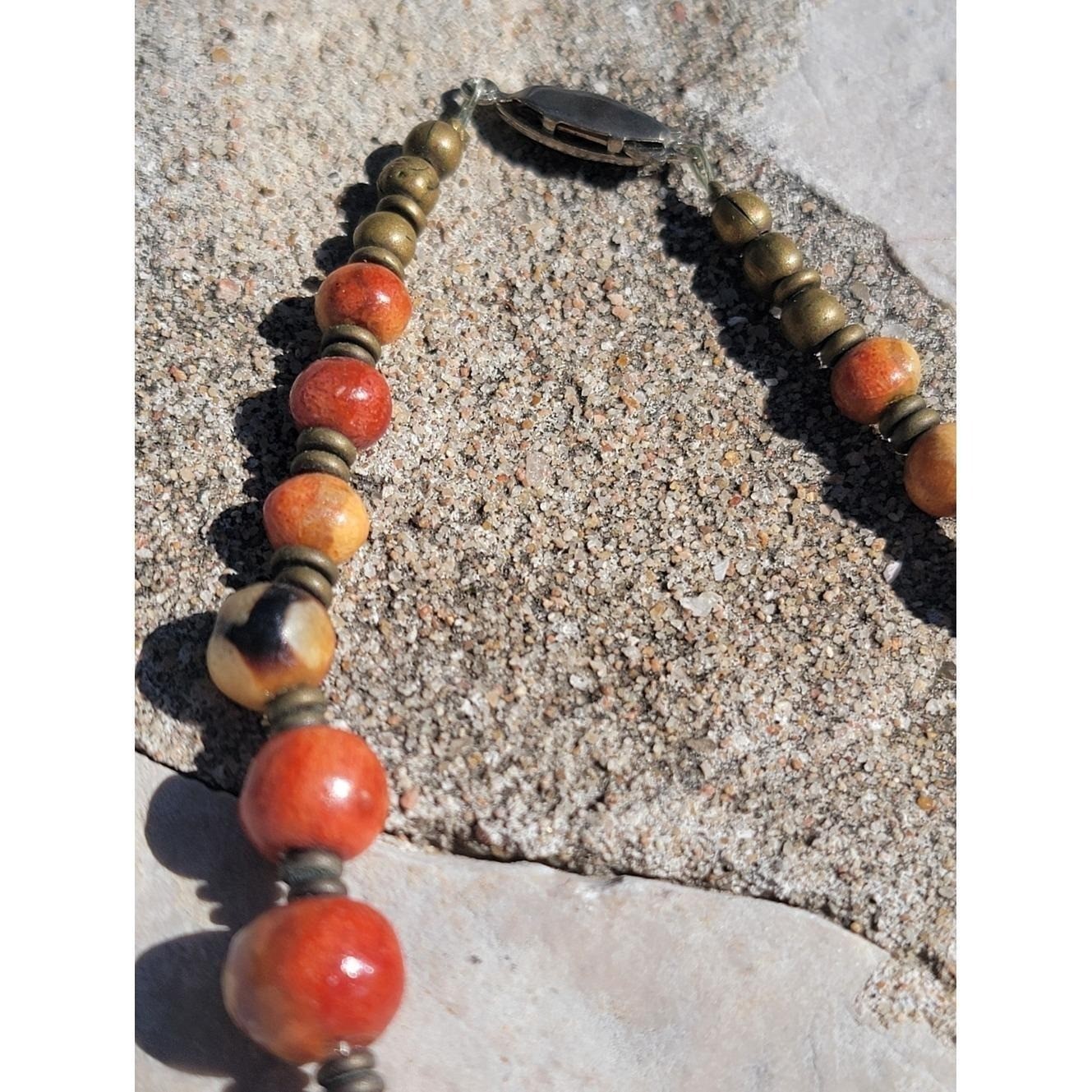 Vintage Sponge Coral Bead Necklace 23″ Orange Red Cream Graduated Brass Spacer