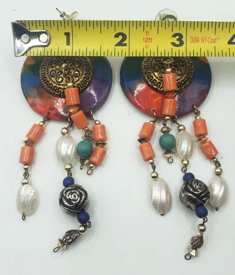 Vintage Pierced Earrings Wood an Copper tone Multi Beads One White Missing
