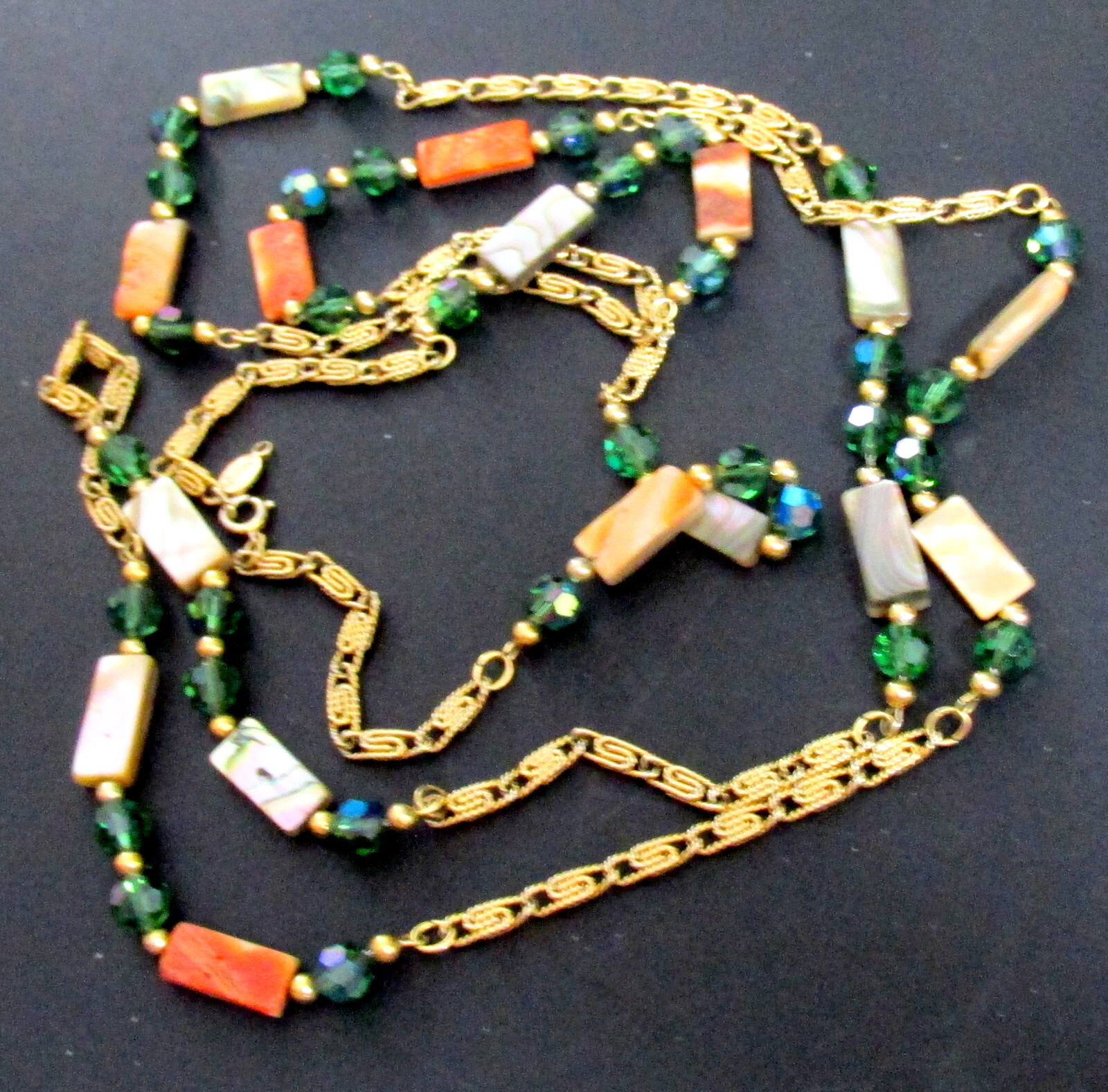 VTG RUNWAY NAPIER 60″ CHAIN ABALONE MOP GREEN CRYSTAL BEAD NECKLACE BOOK PIECE