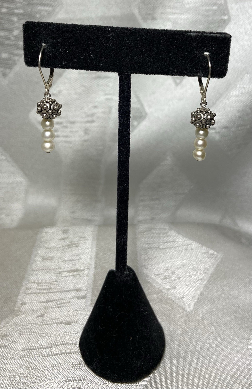 Vintage 925 Sterling Silver Pearl Dangle Earrings Bali Style Leverback 3/4″