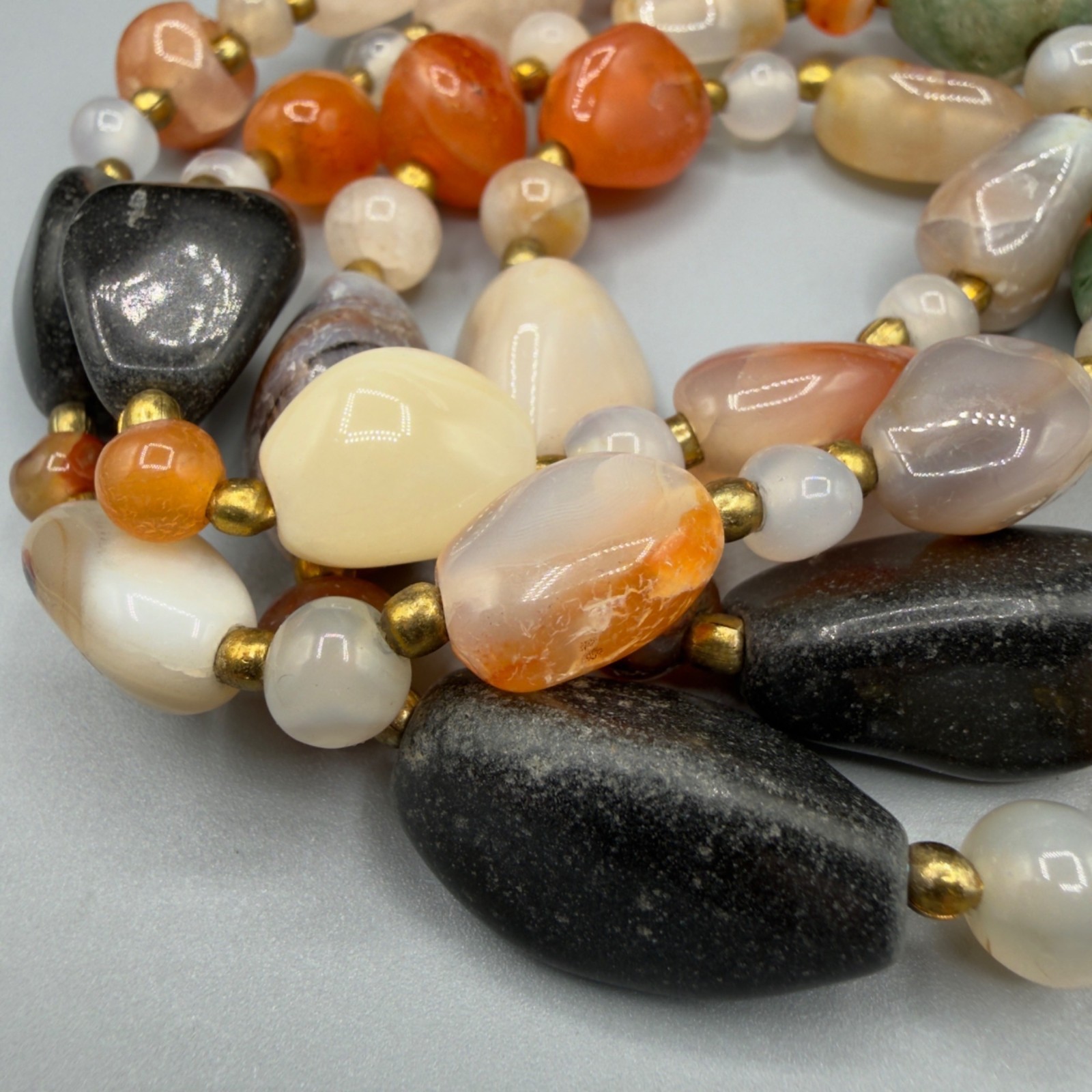 Vintage Beggars Bead Necklace Polished Stone Fall Colors Opera Length 32″