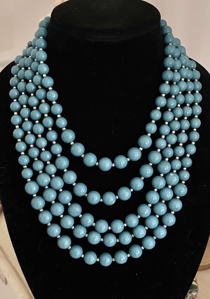Vintage Turquoise Teal Blue Multi 5 Layered Beaded Silver Graduated Bib Necklace