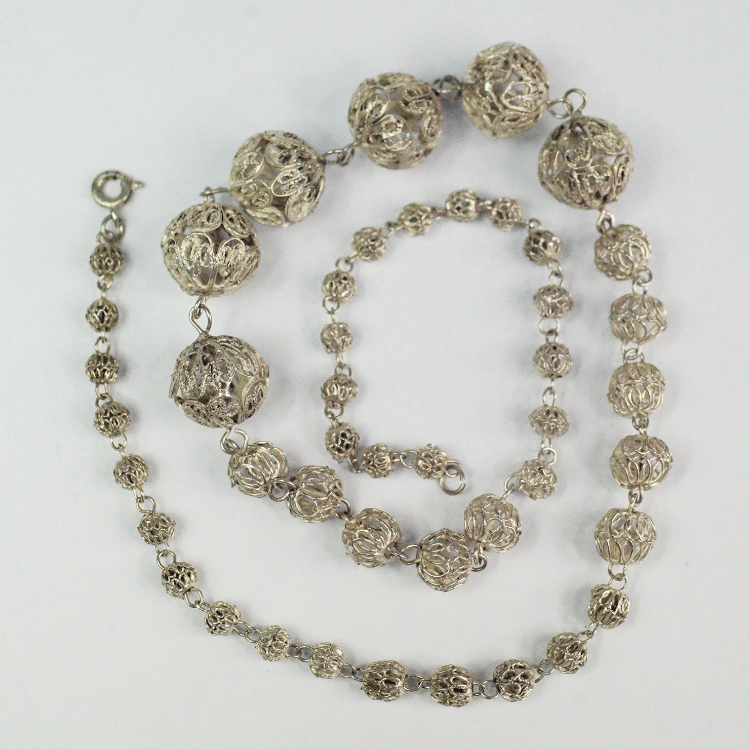 Vtg Sterling Silver Filigree Cannetille Graduated Ball Bead Necklace 19” 17.97 g