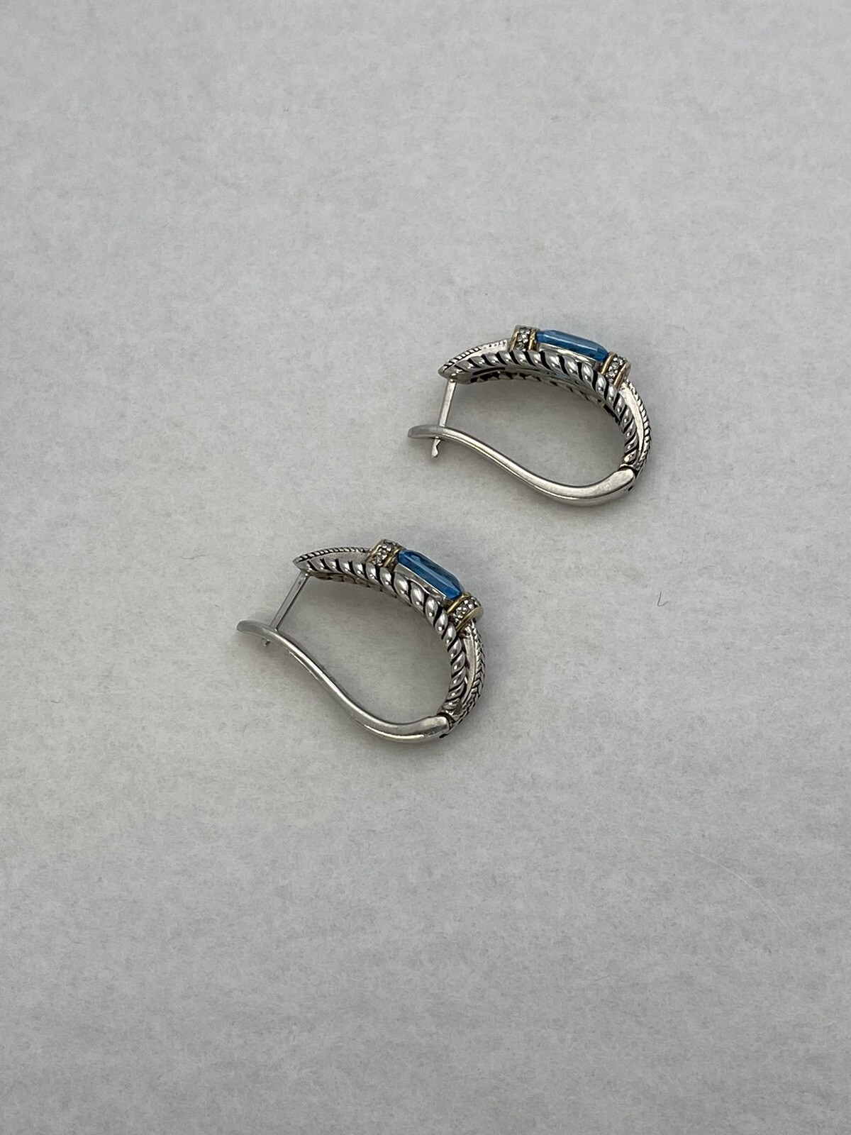 Sterling Silver 14k Earrings w/ Aquamarine like Stone & Crystals Mark AJ 1”