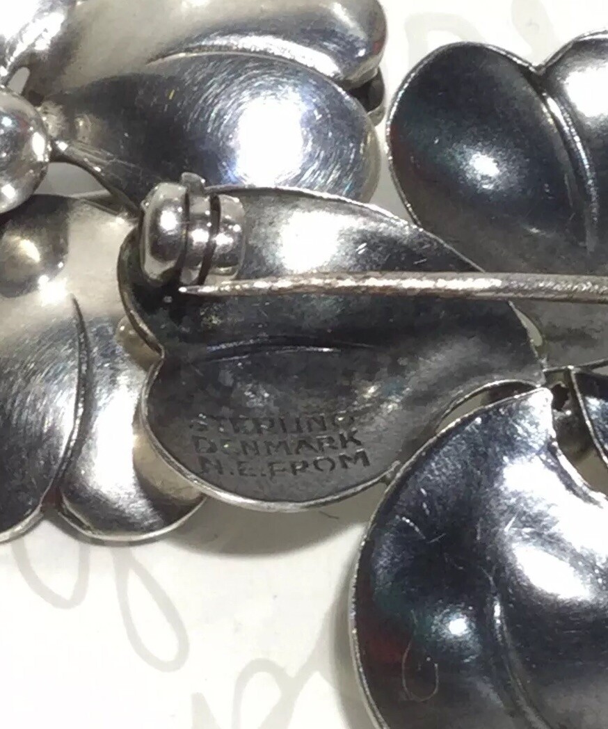 NE FROM MidCentury Denmark 925 Sterling Repoussé 4 Petal Flower 2 Brooches 8.5g
