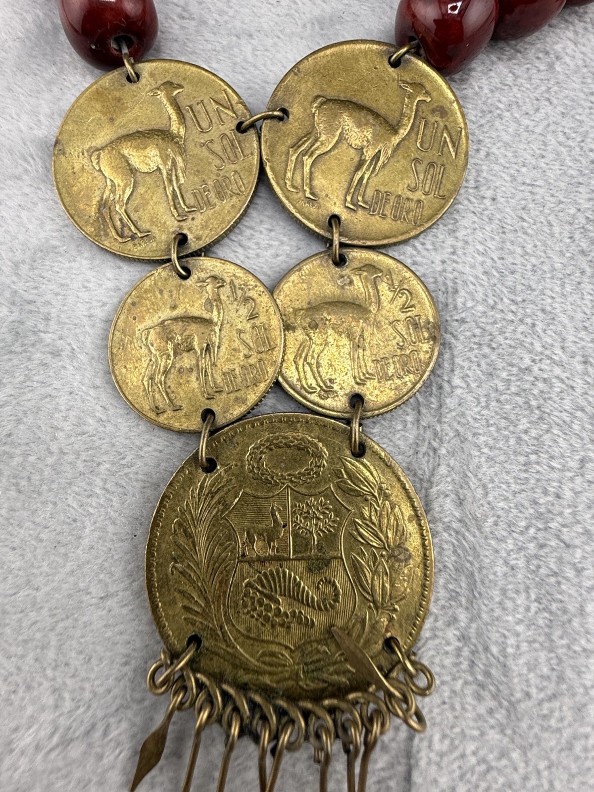Vintage Peruvian Coin Necklace Leather Cord Red Beads Eagle Gold Tone 23″