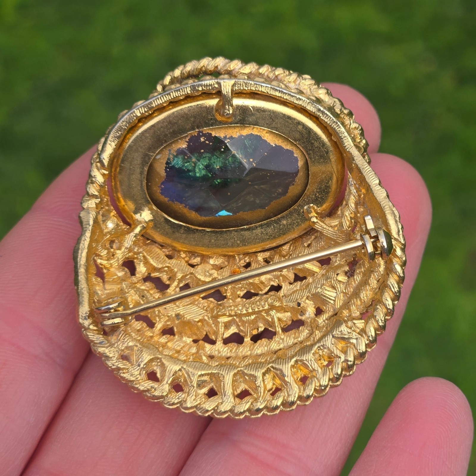 Vintage Corocraft Blue Glass Brooch Rhinestone Designer Jewelry Egyptian Revival