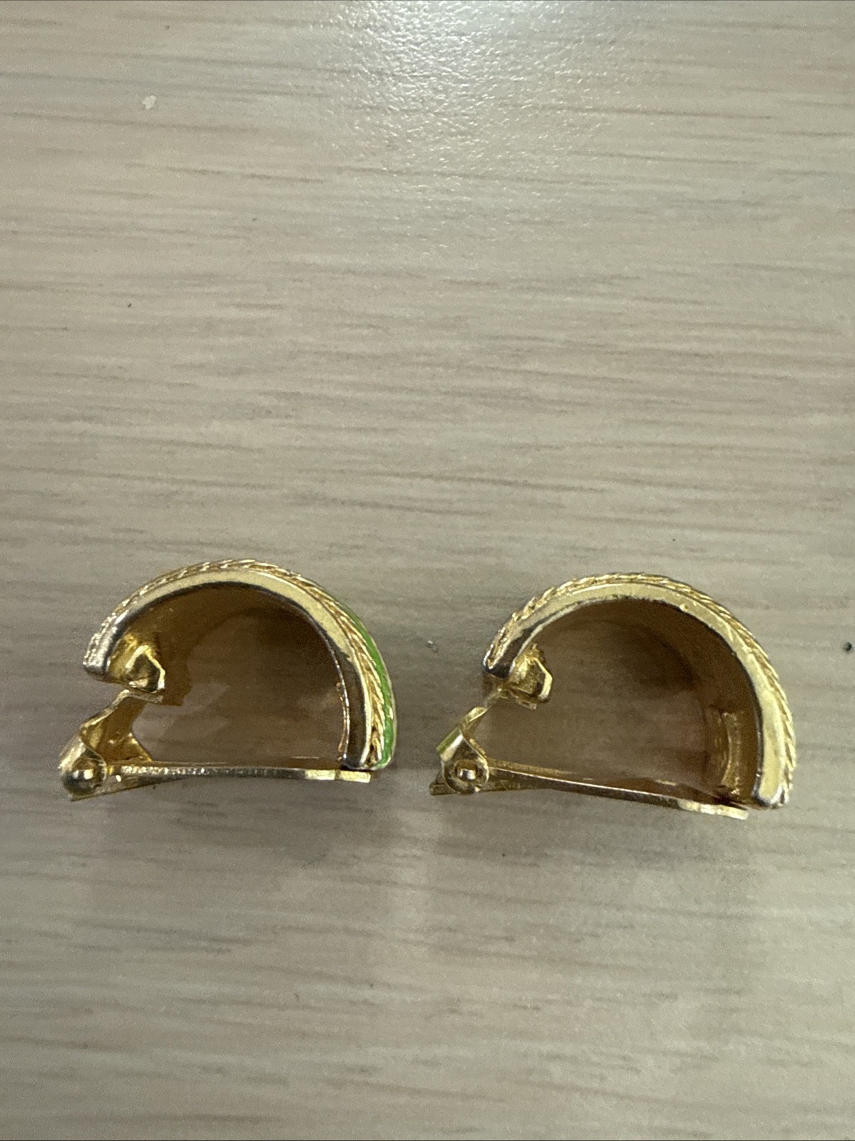 MIMI DI N Lime Green And White Striped Enamel Half Hoop Clip Earrings Gold Tone