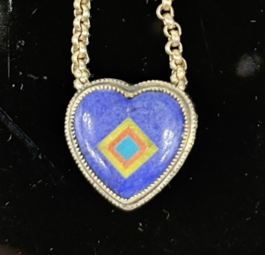 Aldrich Art Jewelry Necklace Blue Purple Heart Inlay Sterling Silver Vintage 18″