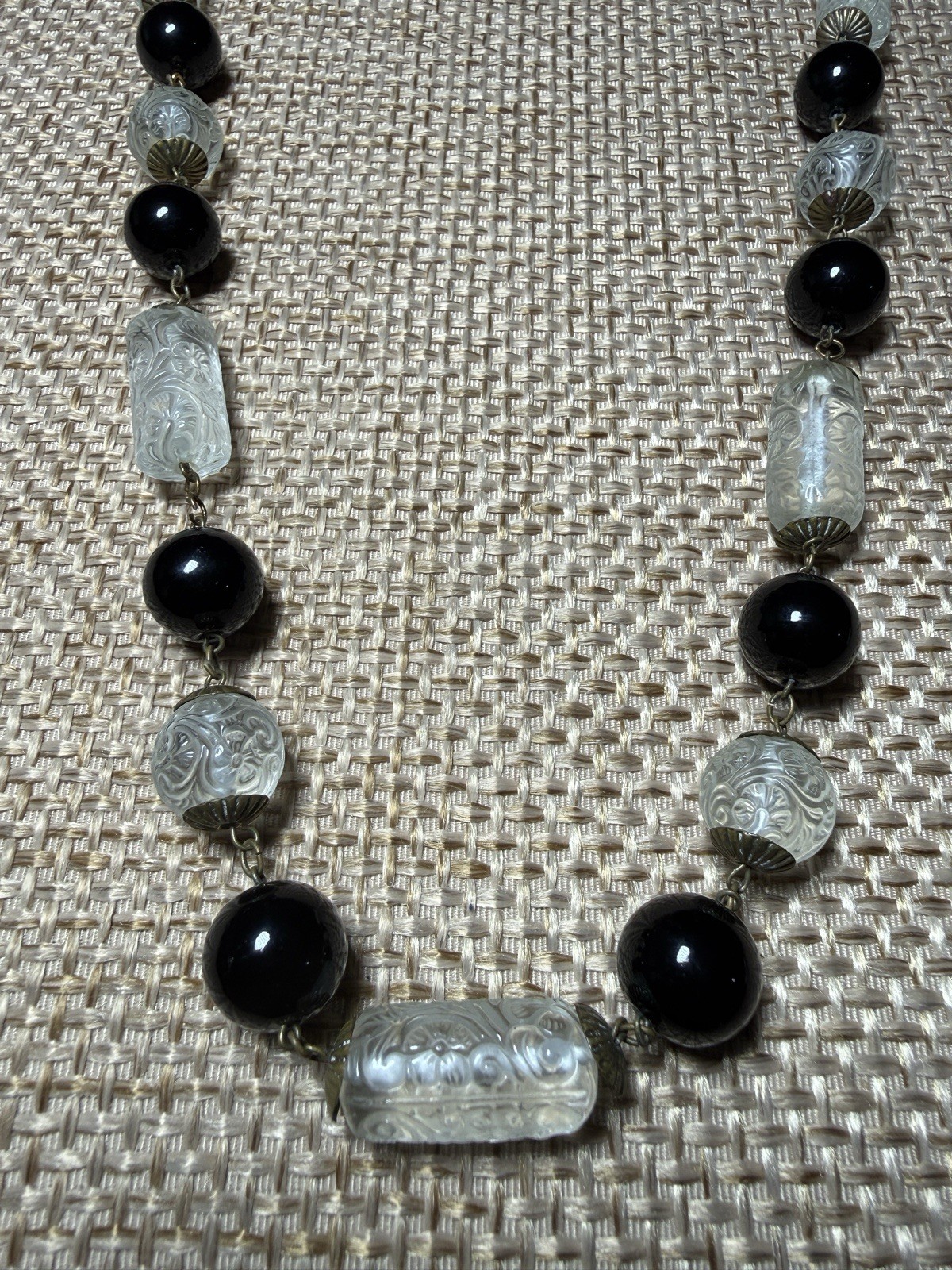 Vtg Molded Pressed Glass Bead Necklace Embossed Floral Art Deco Black Clear