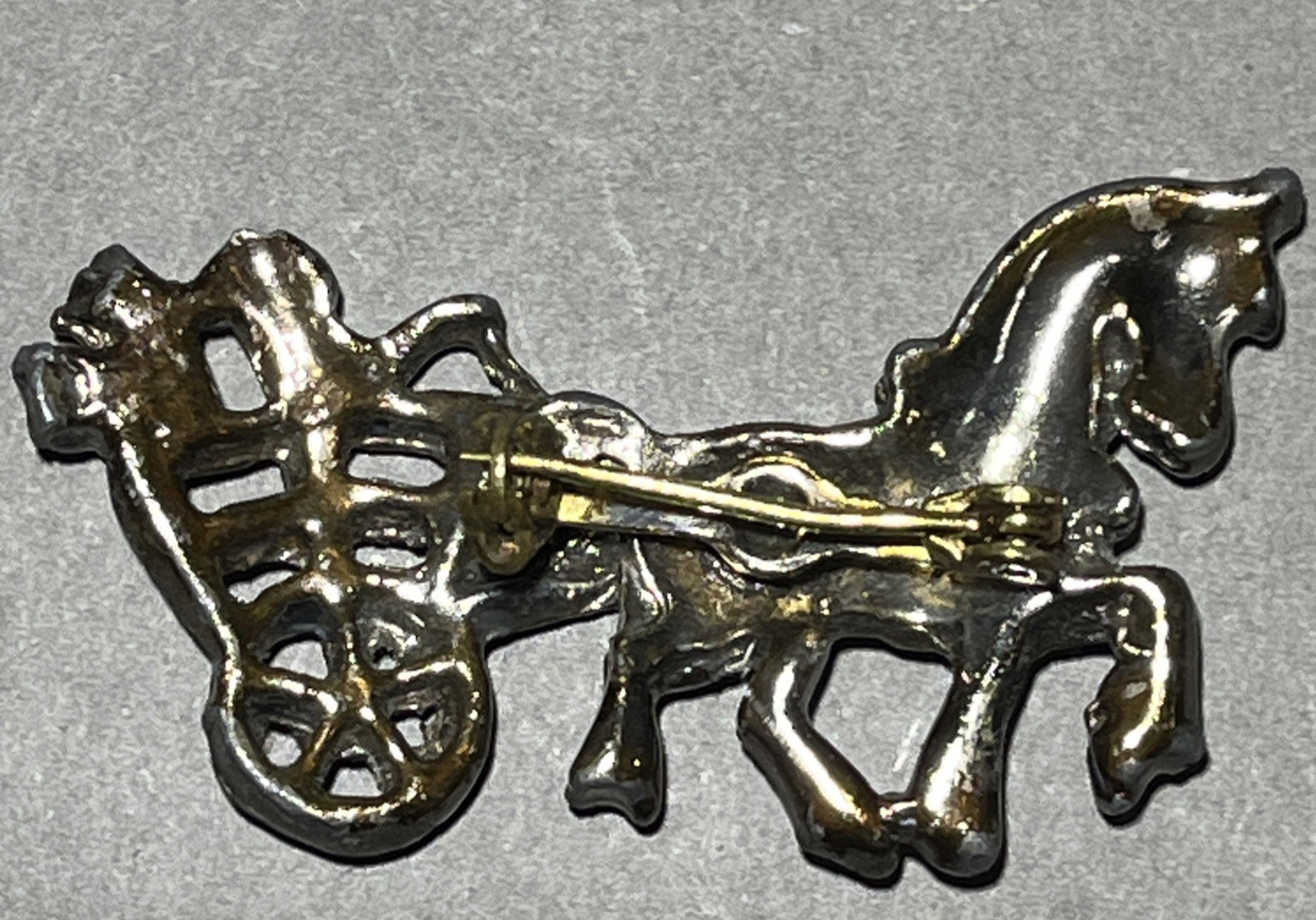 Horse & Carriage Brooch W/ Rhinestone Accent Rollover Safety Lapel Pin