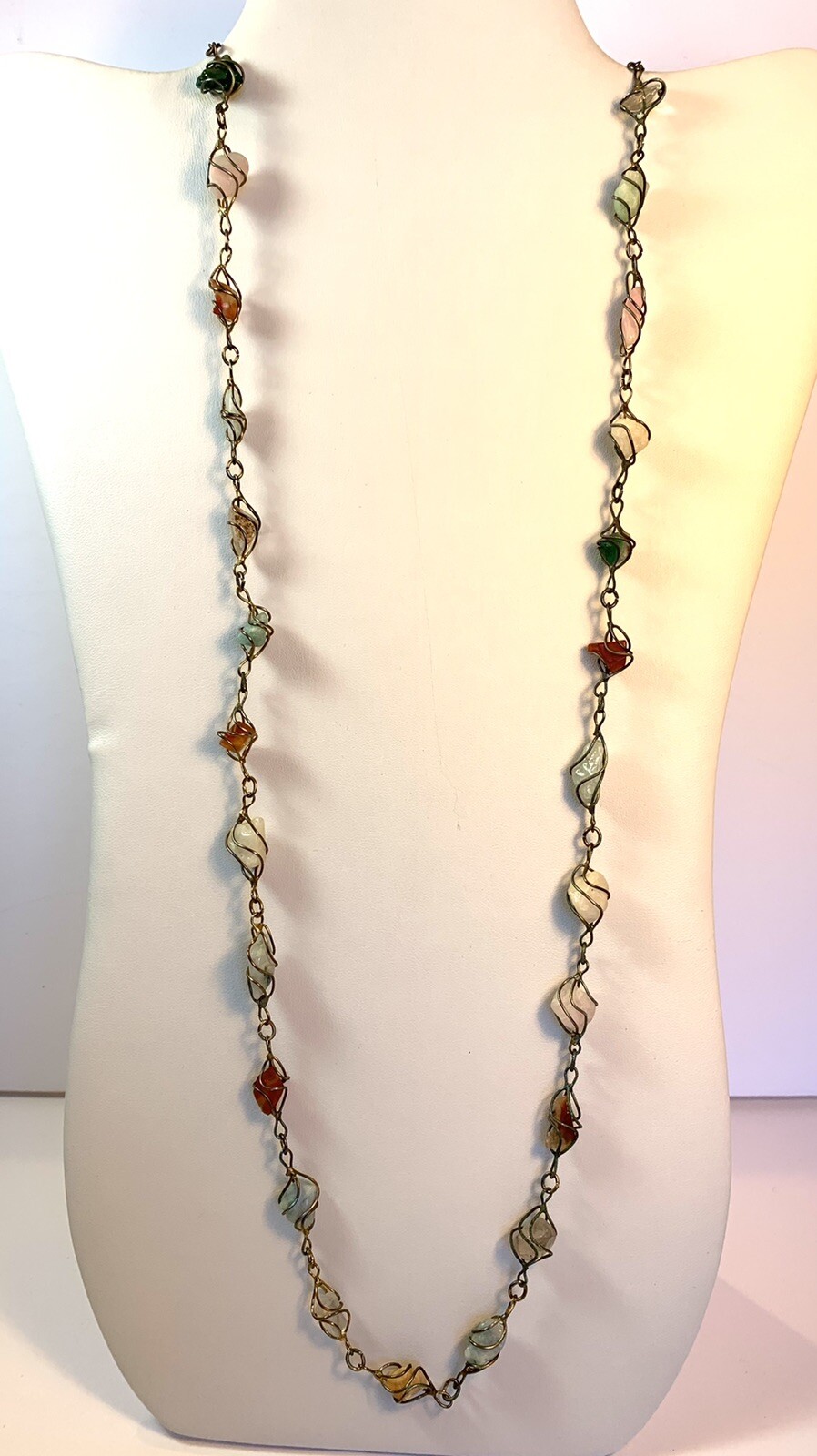 VTG Wire Wrapped Polished Gemstone Necklace Wire Linked 15” N68