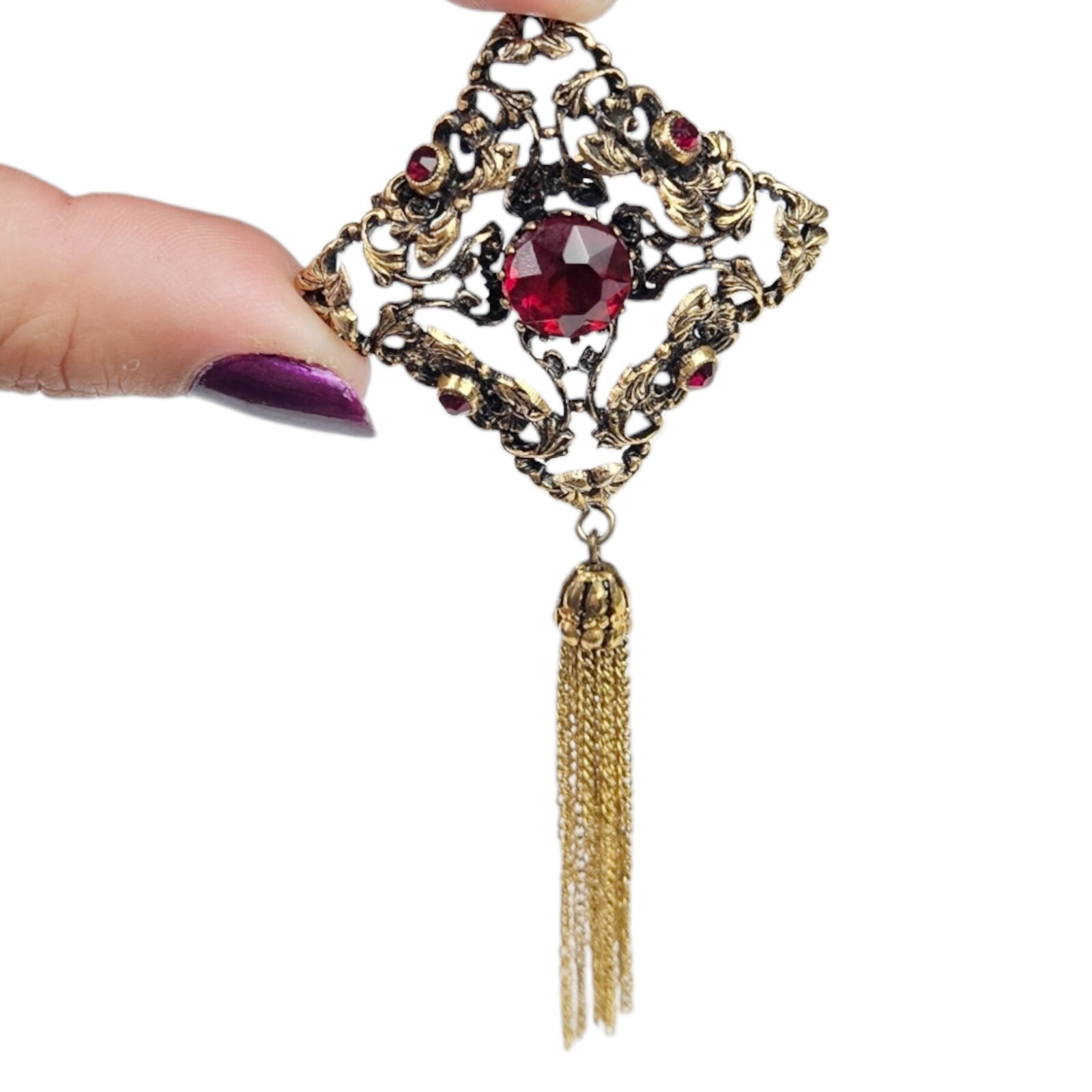 Austria Rhinestone Floral Brooch Vtg Art Nouveau Red Glass Brass Massive 4.25″