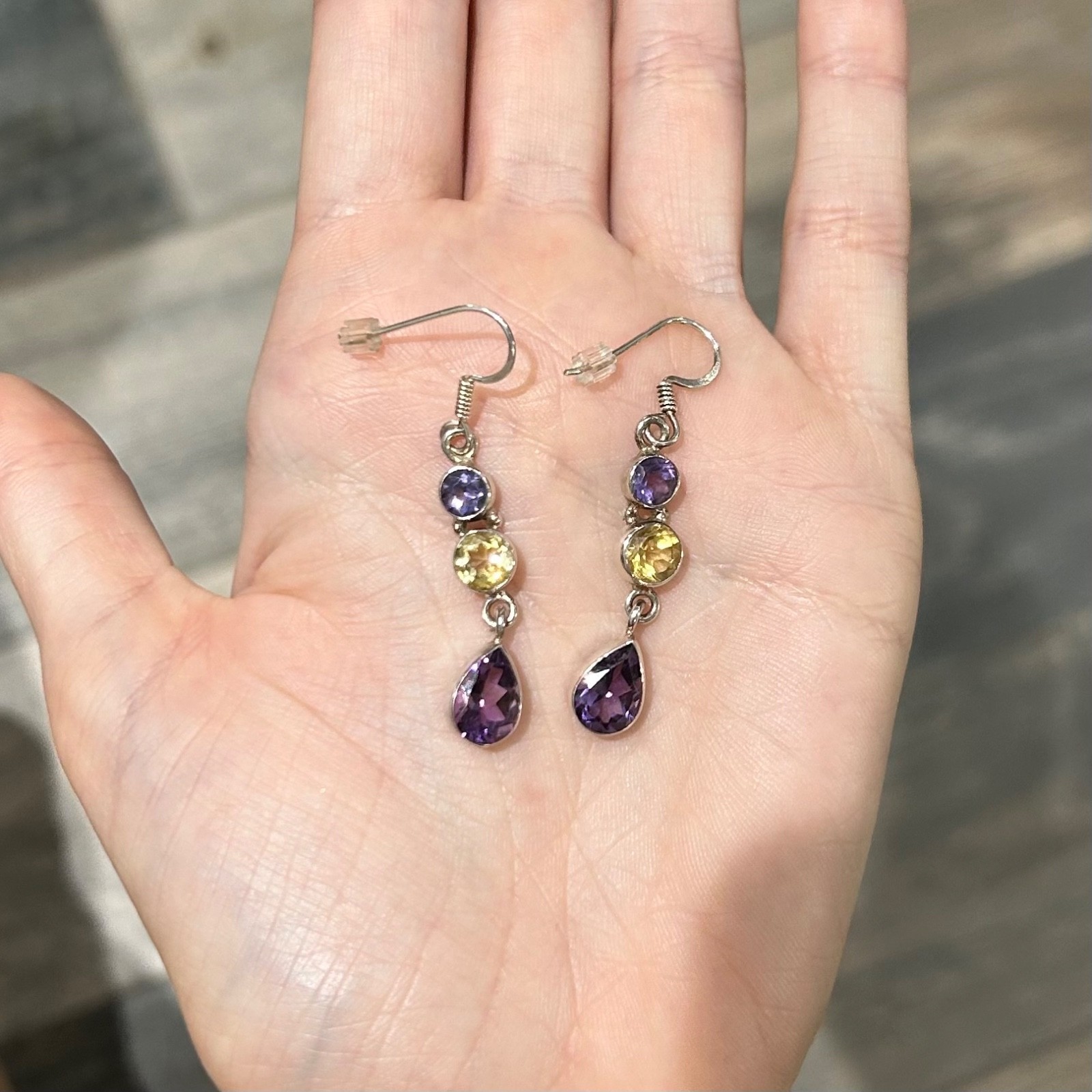 Sterling Silver Natural Iolite Citrine Amethyst Dangle Earrings