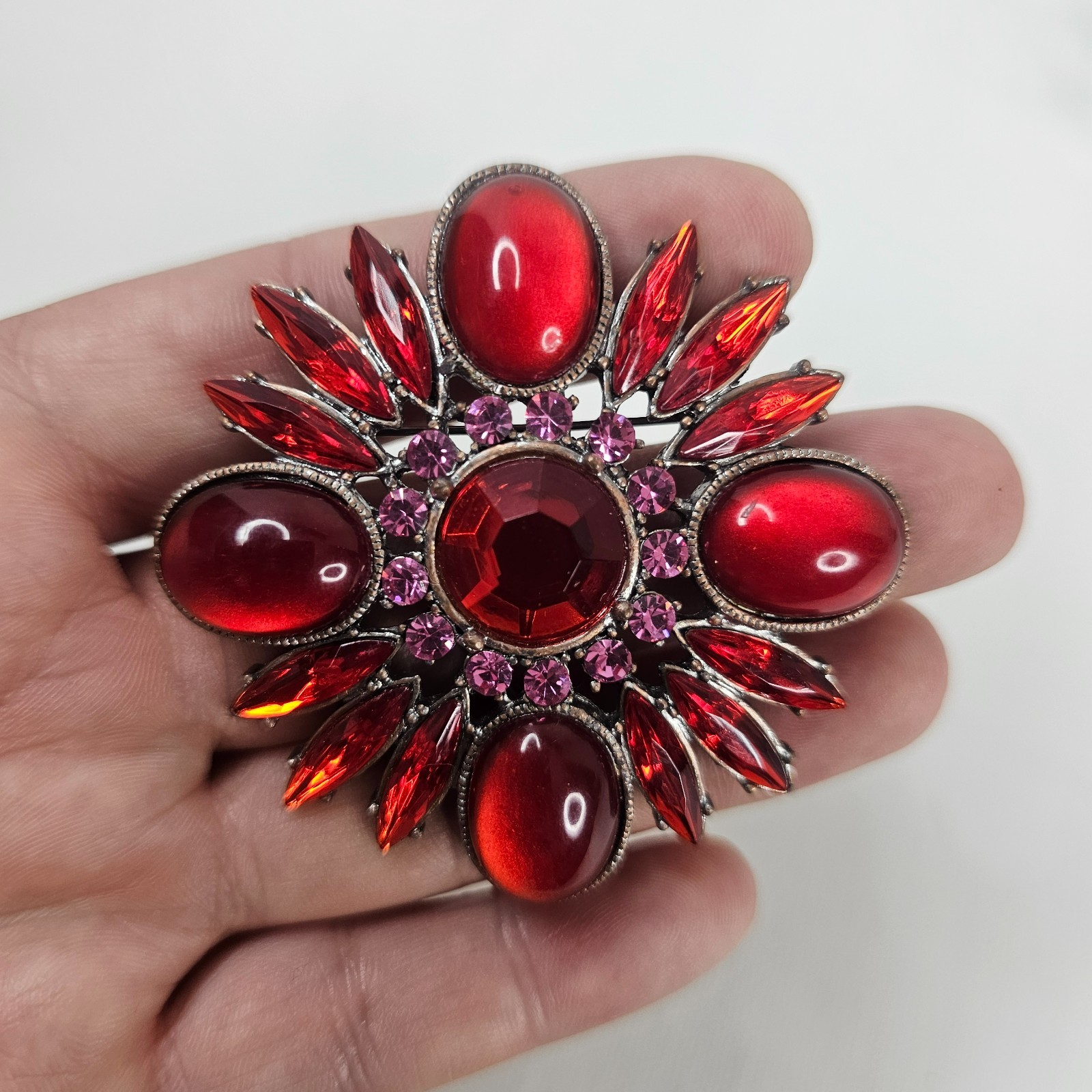 Retro Red Rhinestone Flower Brooch Fuchsia Pink Cabochon Acrylic Unmarked Jewel