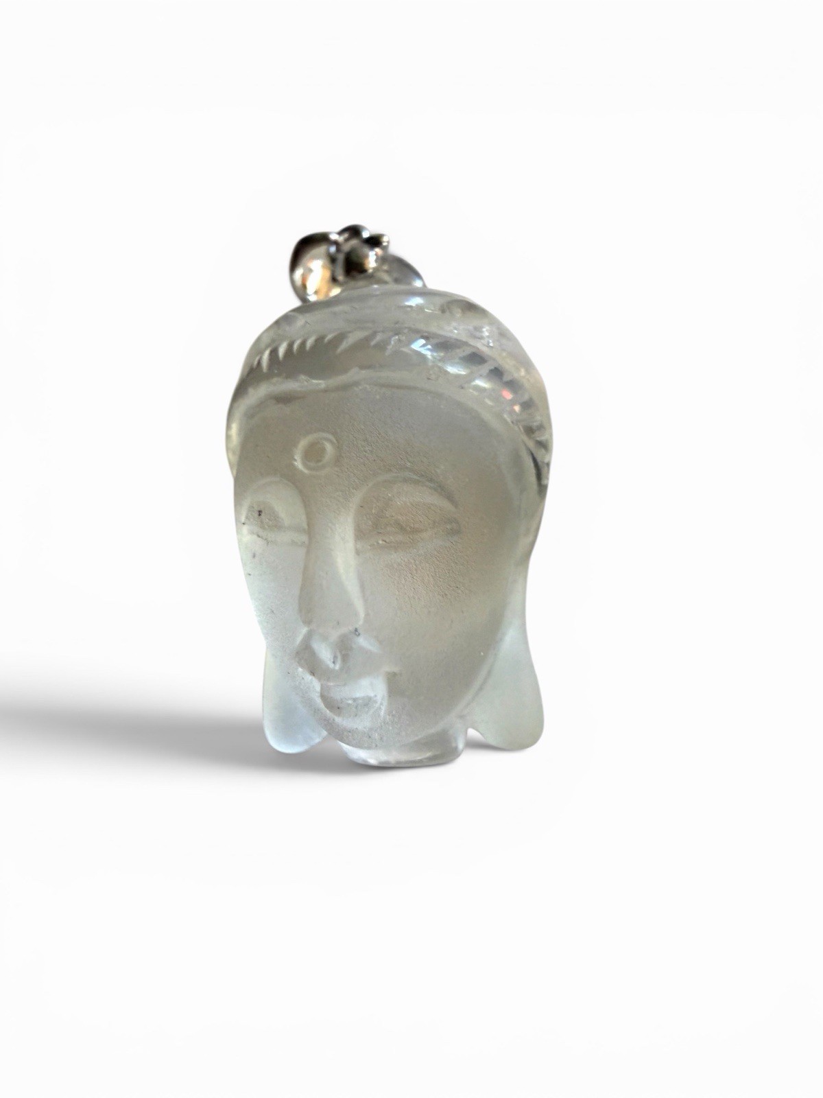 Vintage Frosted Crystal Buddha Head Pendant 18K GP Bail Smooth Carved Figure