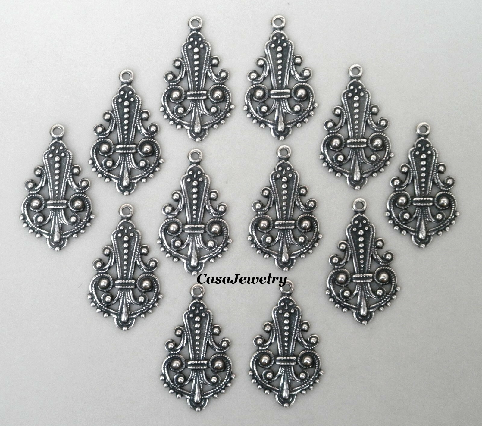 #3420 ANTIQUED STERLING SILVER PLATED OPEN FILIGREE DROP W/TOP HANG RING- 12 Pcs