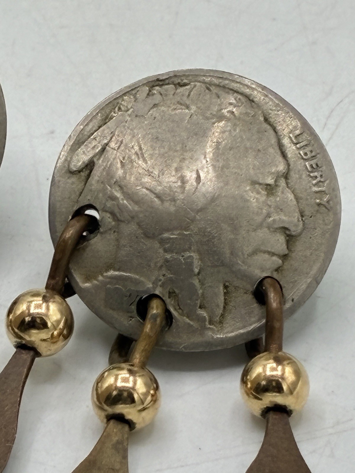 Vintage Buffalo Nickel Coin Earrings Post Dangle Feather Gold Tone Bead Handmade