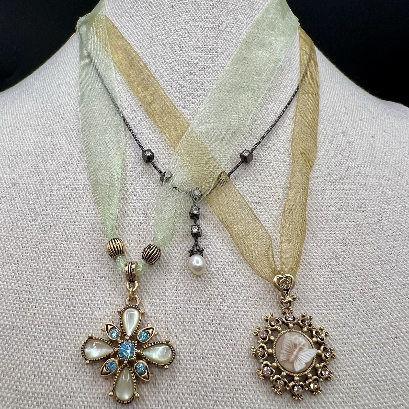 Victorian Revival Necklace Lot 3 Ribbon Pendant Cameo Floral Crystal Pearl 1928