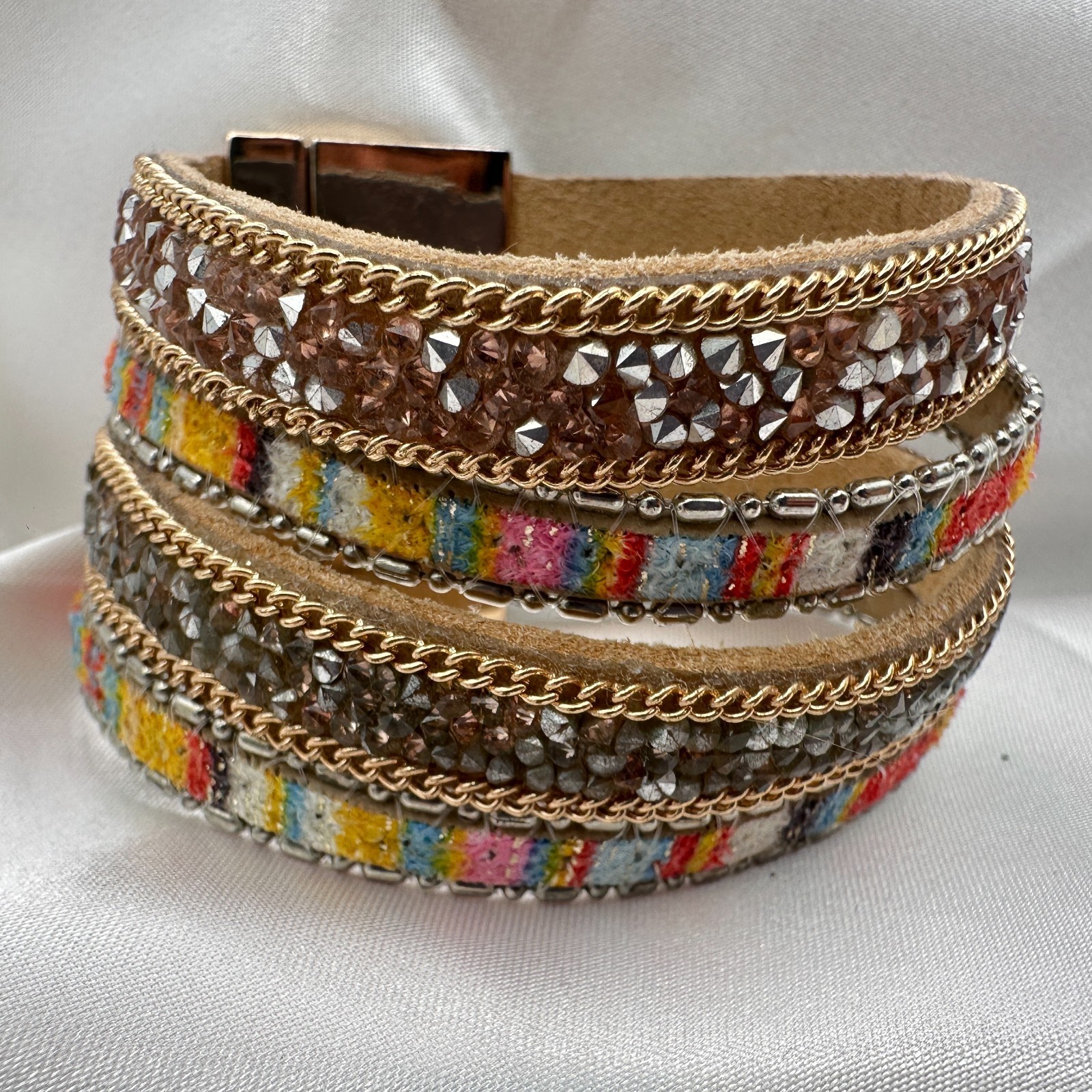 Vintage 90s Multi-Strand Wrap Bracelet Glass Fabric Statement Fashion Jewelry
