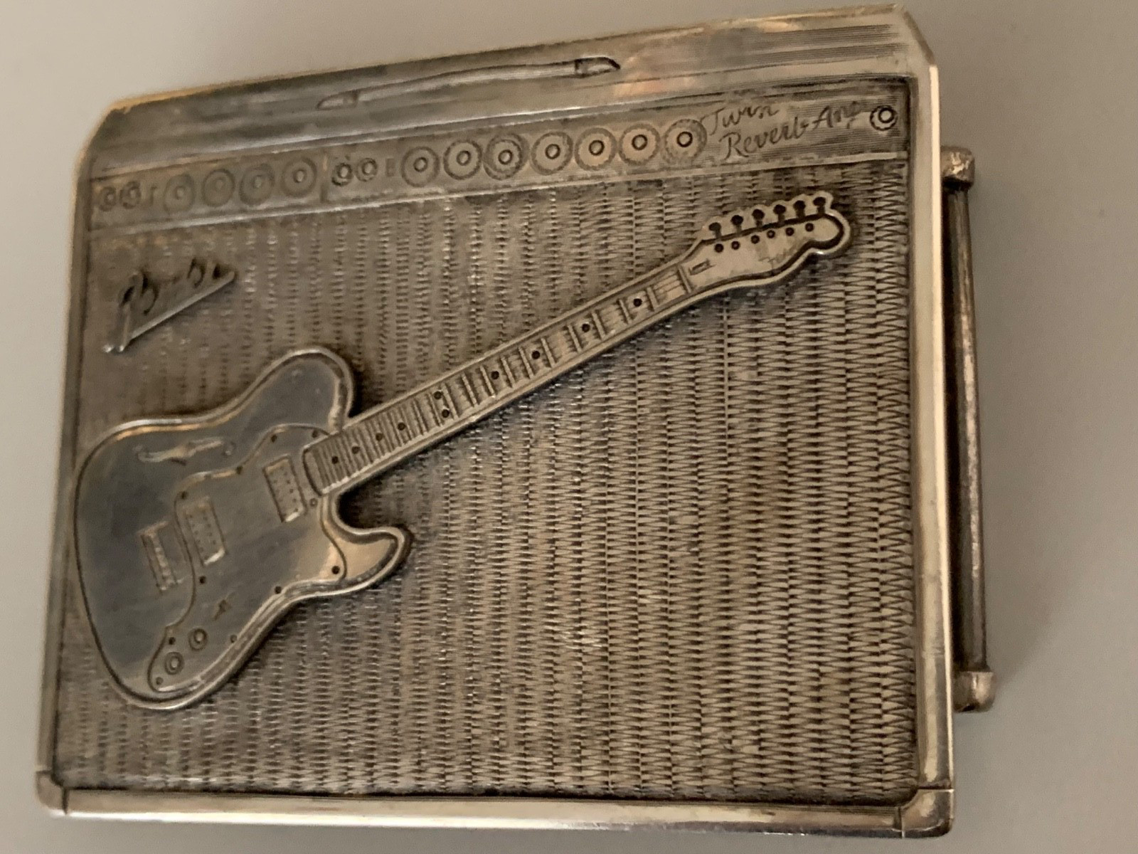 Vintage Signed Kit Carson Sterling Silver Fender Guitar Belt Buckle
