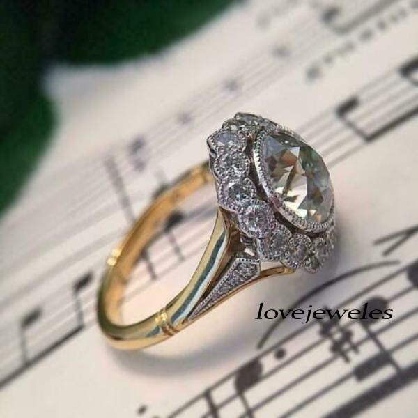 Vintage Art Deco 3CT Round Cut Moissanite Engagement Ring 14K 2-Tone Gold Over