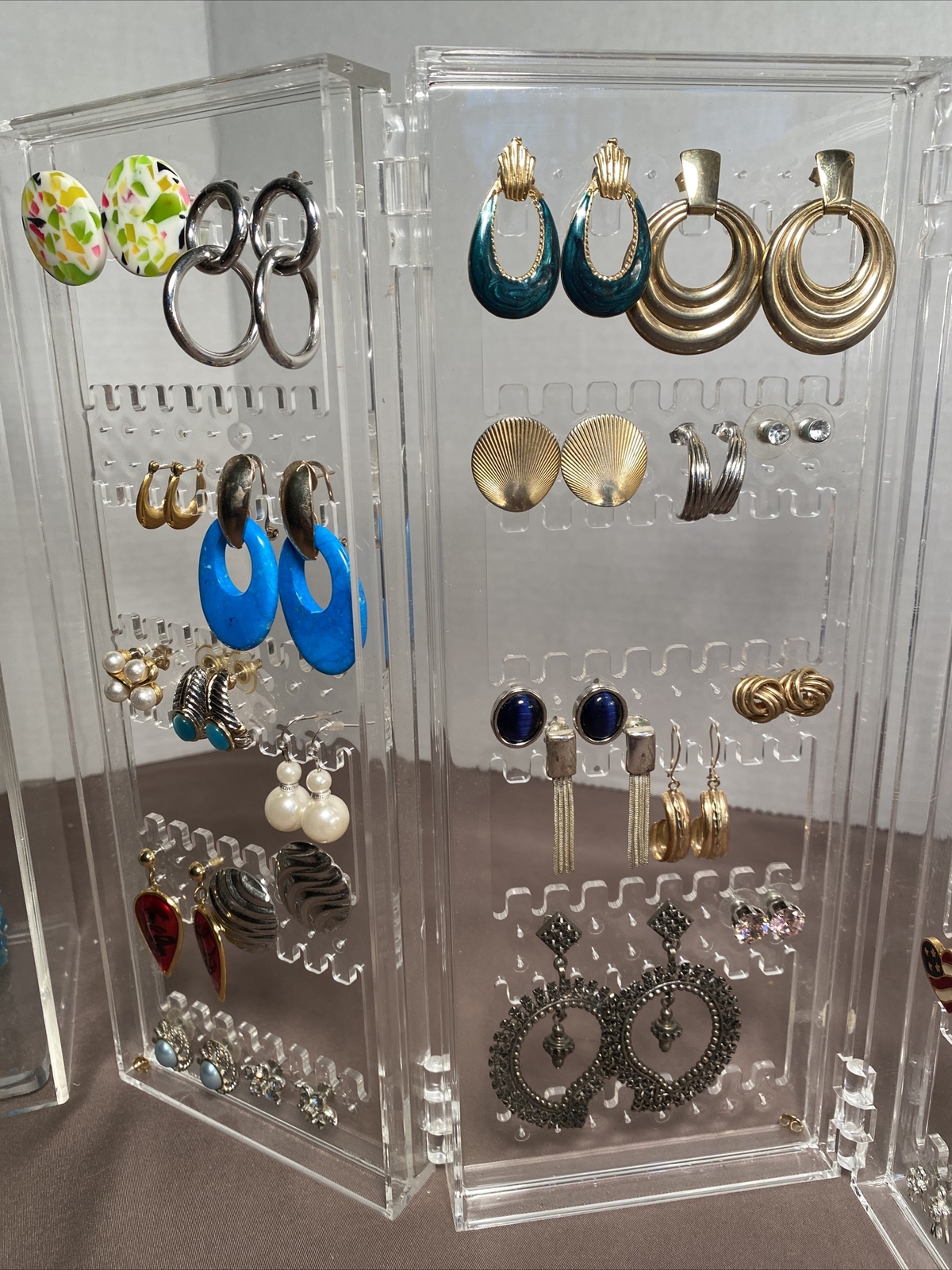 Vintage Lot 60 Pairs Earrings, 15 Necklaces & Acrylic Displays Monet, Avon