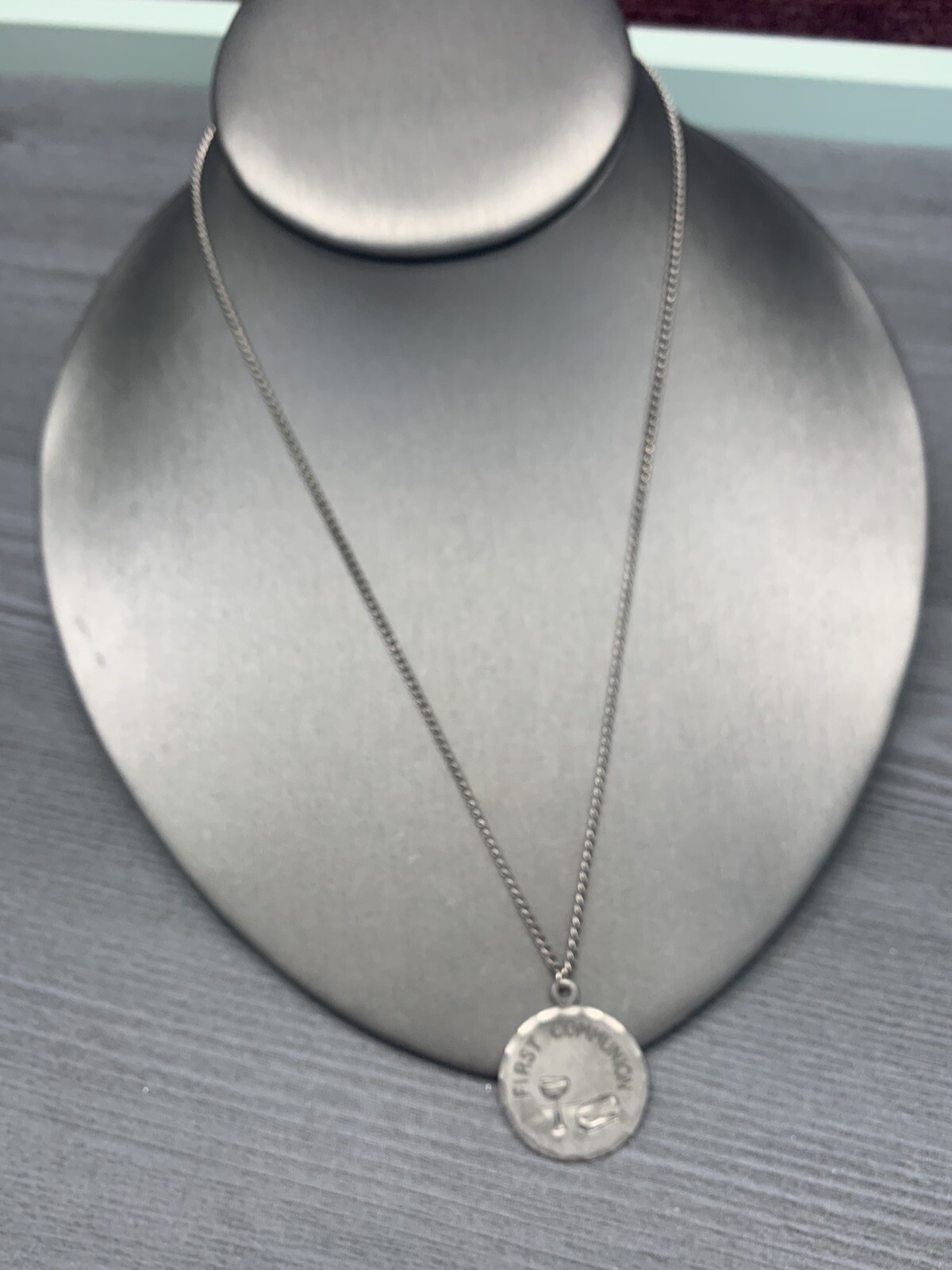 Vintage Pewter BDA First Holy Communion Hand Engraved Pendant Necklace 18”