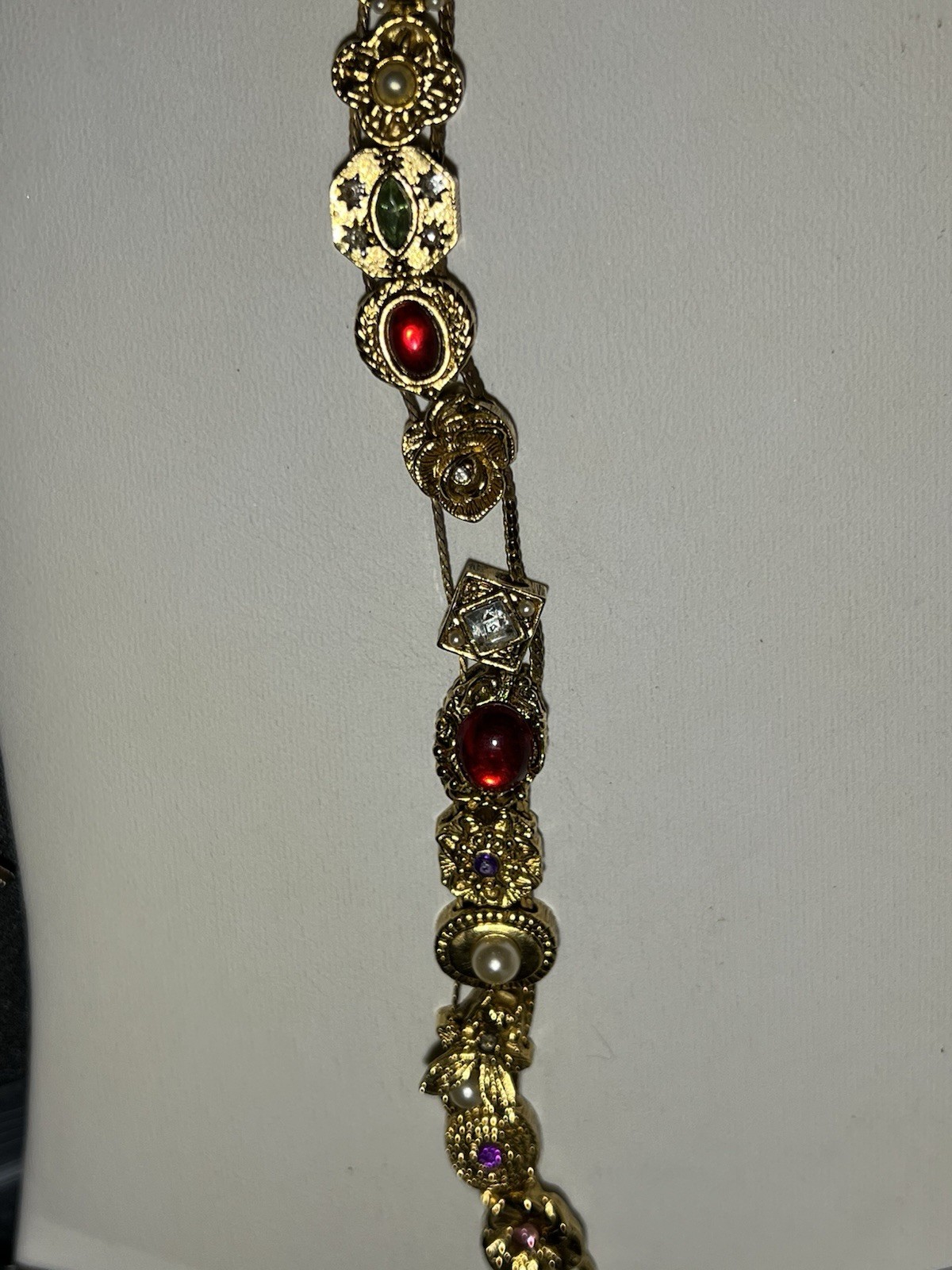 Vintage Victorian Revival Metal Tone Multi Gem Slide Bracelet Sz 7