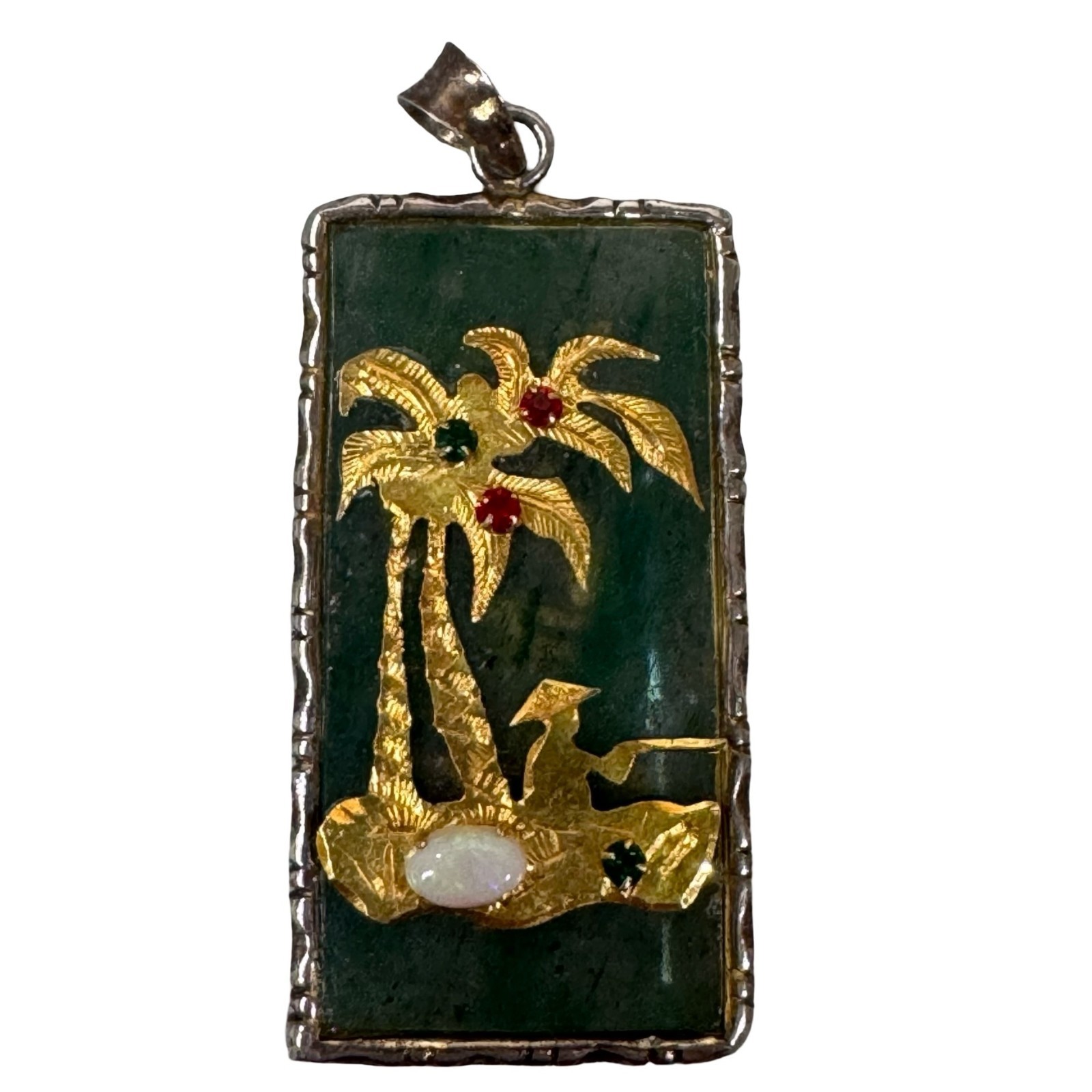 Vintage Asian Jade Pendant Gold Palm Tree & Fisherman Opal Ruby Emerald 1.75″