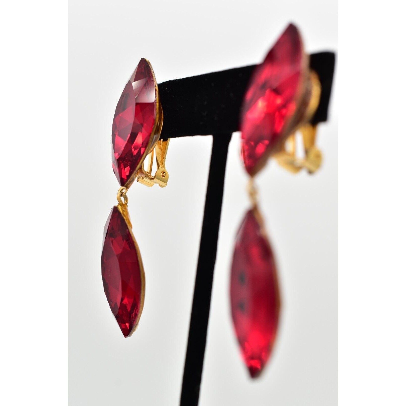Vintage Red Crystal Clip On Earrings Drop Dangle Chunky Sparkling 1980s BinBK